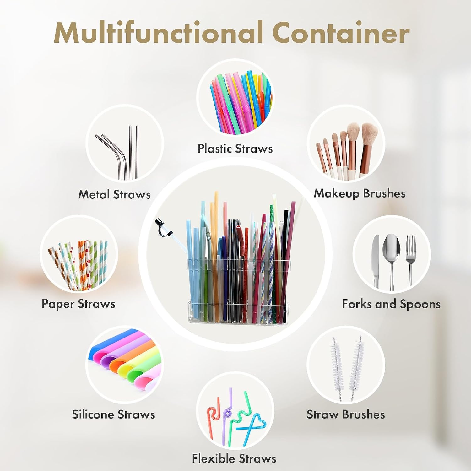 Acrylic Straw Holder For Cabinet Door - Child-Safe Organizer & Dispenser With Smooth Rounded Edges For Kitchen Accessories Storage, Adhesive Circles Included (Clear Transparent)