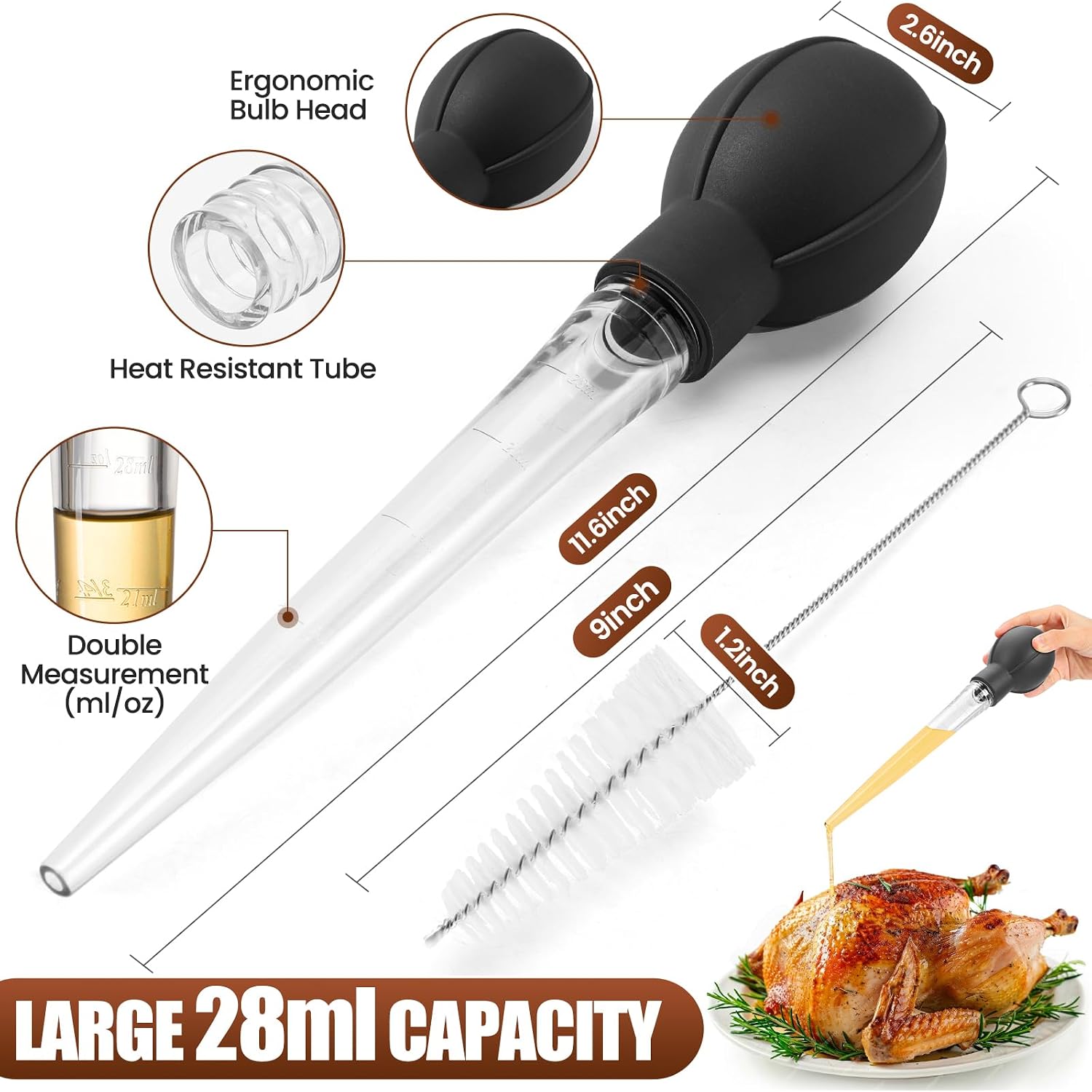 Olesbur Premium Turkey Basters For Cooking – Baster Syringe For Hot Liquids – Meat And Food Injector – Essential Thanksgiving Cooking Tool – Turkey Baster Large With Cleaning Brush(Black)