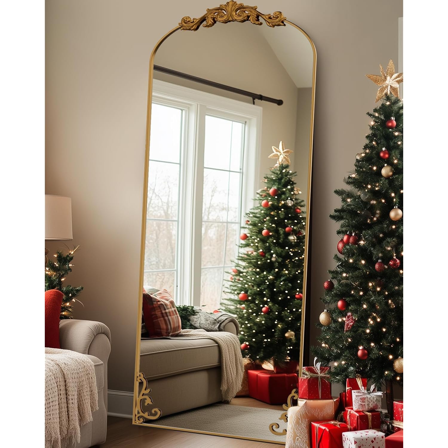 Antok Arched Full Length Mirror, 71"X28" Floor Mirror With Carved, Full Body Mirrors For Homedecor, Standing/Halling Large Wall Mirror For Bedroom, Living Room, Cloakroom, Gold, Retro Style