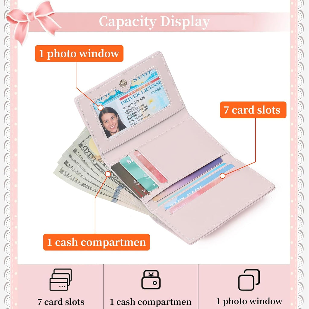 RNIEGA Small Wallets Girls Cute Coquette Bow Wallet Women Aesthetic Credit Card Holder with ID Window, Pink