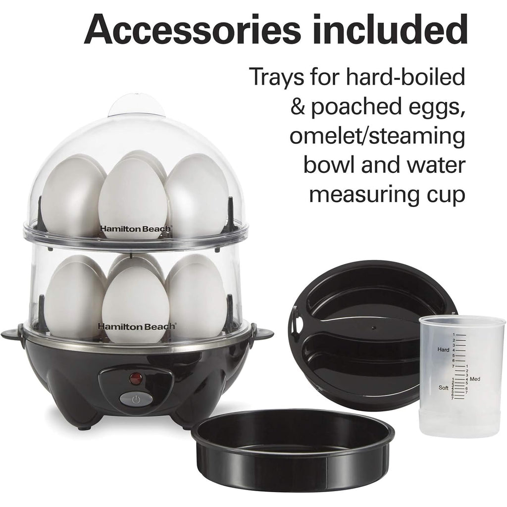 Hamilton Beach 3-In-1 Electric Hard Boiled Egg Cooker | Soft, Medium Or Hard Boiled Eggs | Egg Poacher | Omelet Maker |Vegetable Steamer | Holds 14 Eggs | Black | 25508G