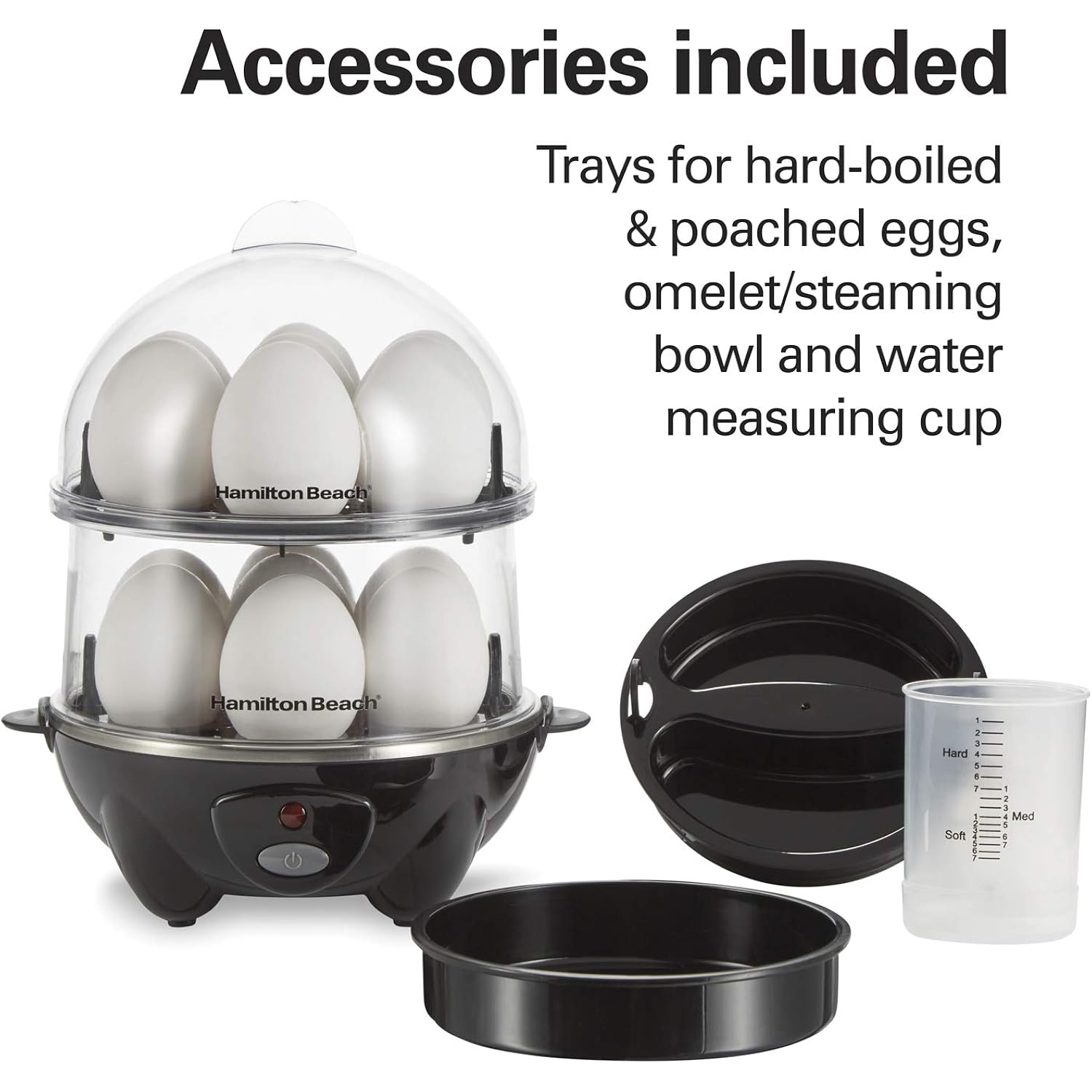 Hamilton Beach 3-In-1 Electric Hard Boiled Egg Cooker | Soft, Medium Or Hard Boiled Eggs | Egg Poacher | Omelet Maker |Vegetable Steamer | Holds 14 Eggs | Black | 25508G