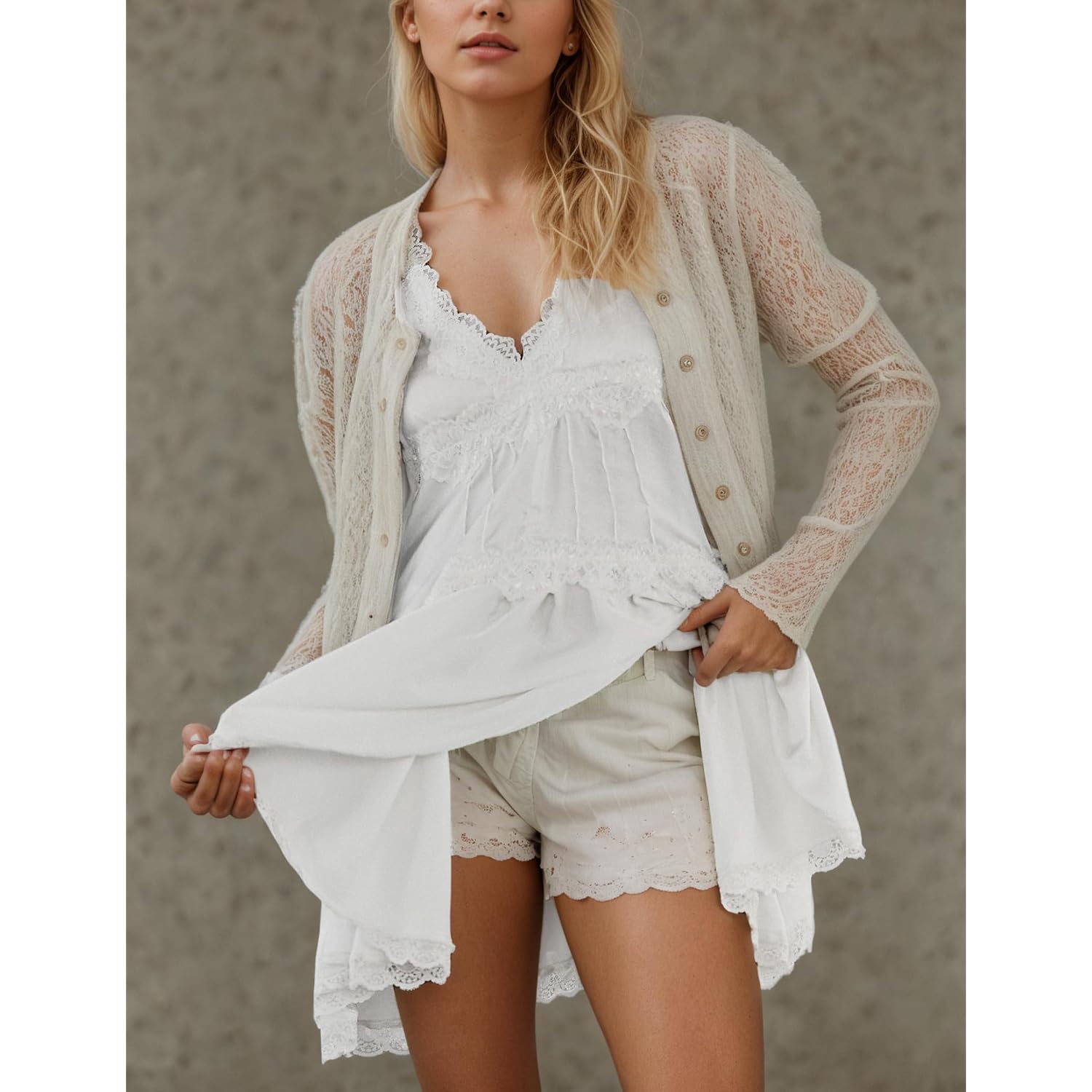 Womens Lace Mini Dress Slip Dress V-Neck Summer Y2K Ruffle Hem Flowy Swing Boho Short Dresses