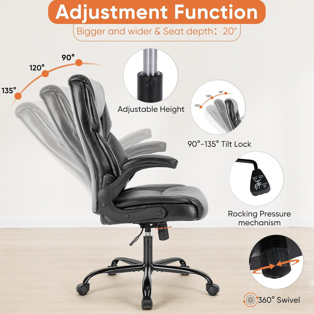 Sweetcrispy Computer Gaming Chair, Ergonomic High Back Heavy Duty Task Desk Office Chairs With Wheels, Flip-Up Arms, Adjustable Height, Pu Leather,Inky