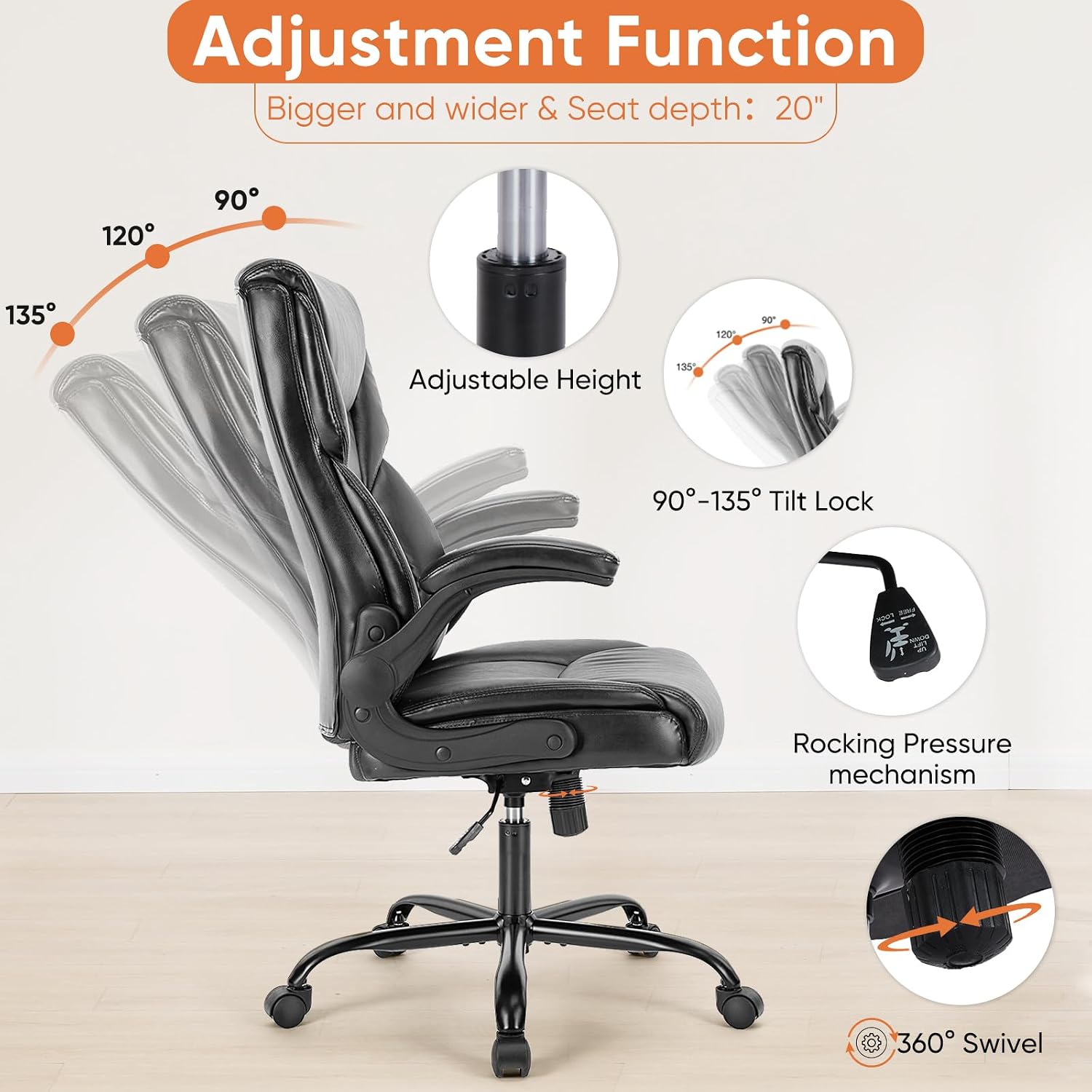 Sweetcrispy Computer Gaming Chair, Ergonomic High Back Heavy Duty Task Desk Office Chairs With Wheels, Flip-Up Arms, Adjustable Height, Pu Leather,Inky