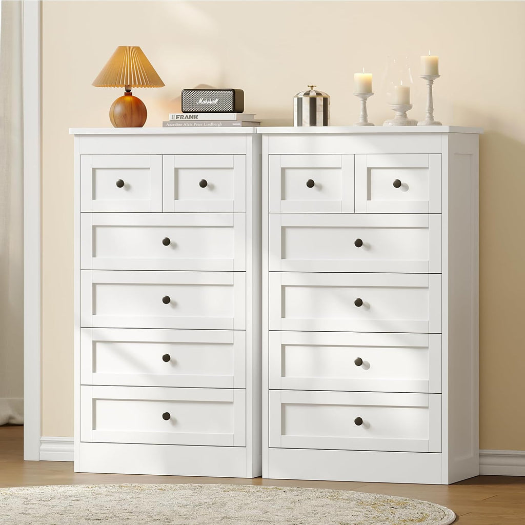 Tall 6 Drawer Dresser For Bedroom, White Modern 43.3'' Tall Wood Chest Of Drawers, Storage Organizer With Smooth Metal Rails & Anti-Tip Kit For Closet, Hallway, Living Room