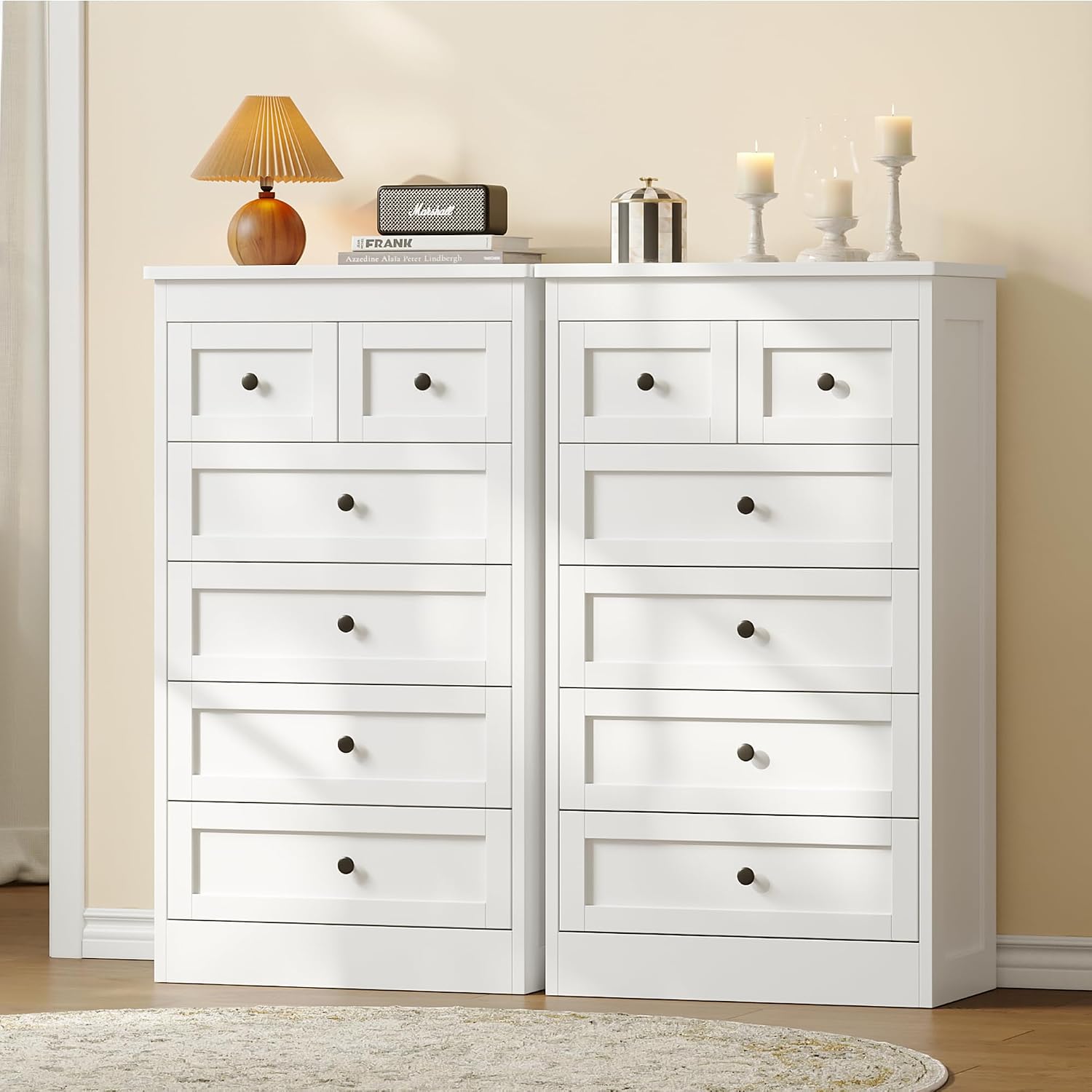 Tall 6 Drawer Dresser For Bedroom, White Modern 43.3'' Tall Wood Chest Of Drawers, Storage Organizer With Smooth Metal Rails & Anti-Tip Kit For Closet, Hallway, Living Room