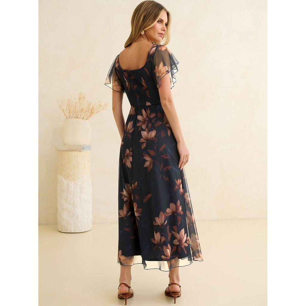 Caracilia Women Square Neck Floral Tulle Wedding Guest Bridemaid Dresses Summer Ruffle Sleeve High Slit Formal Midi Dress