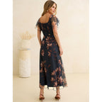 Caracilia Women Square Neck Floral Tulle Wedding Guest Bridemaid Dresses Summer Ruffle Sleeve High Slit Formal Midi Dress
