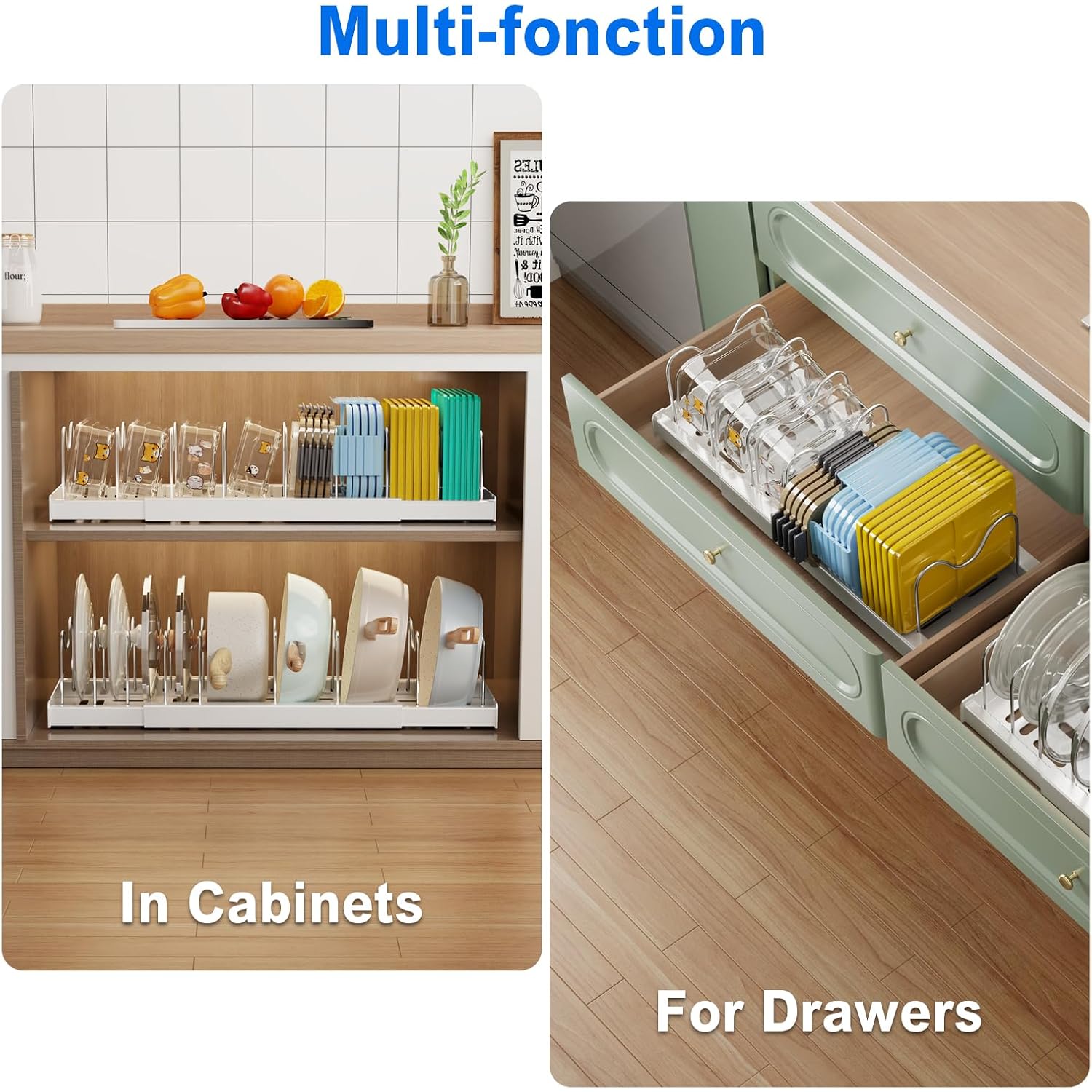 Mustorn 2 Pack Pots And Pans Organizer Under Cabinet, 22" Expandable Food Storage Container Lid Organizers With 9 Adjustable Dividers Pot And Pan Lid Holders Rack Inside Cabinet/Countertop(White)