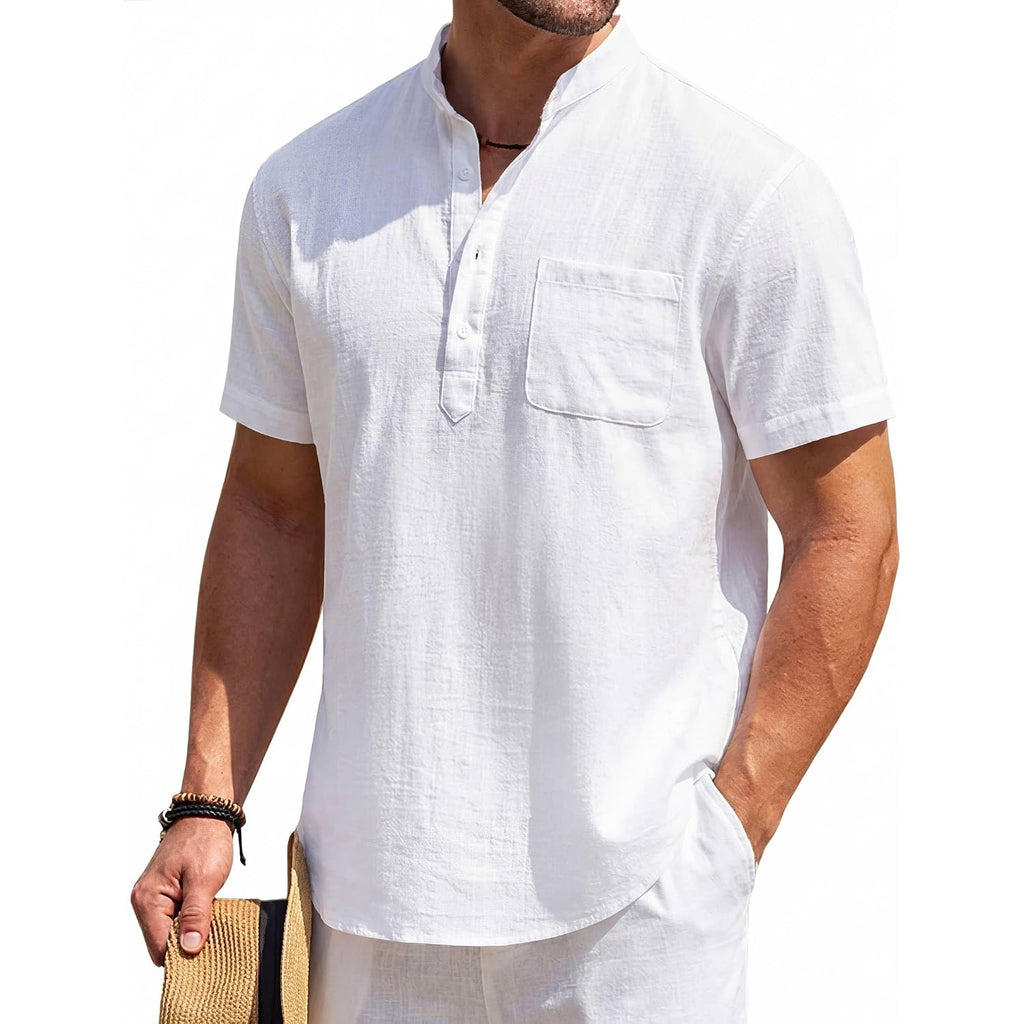 Coofandy Men'S Cotton Linen Henley Shirt Short Sleeve Hippie Casual Beach T-Shirts With Pocket