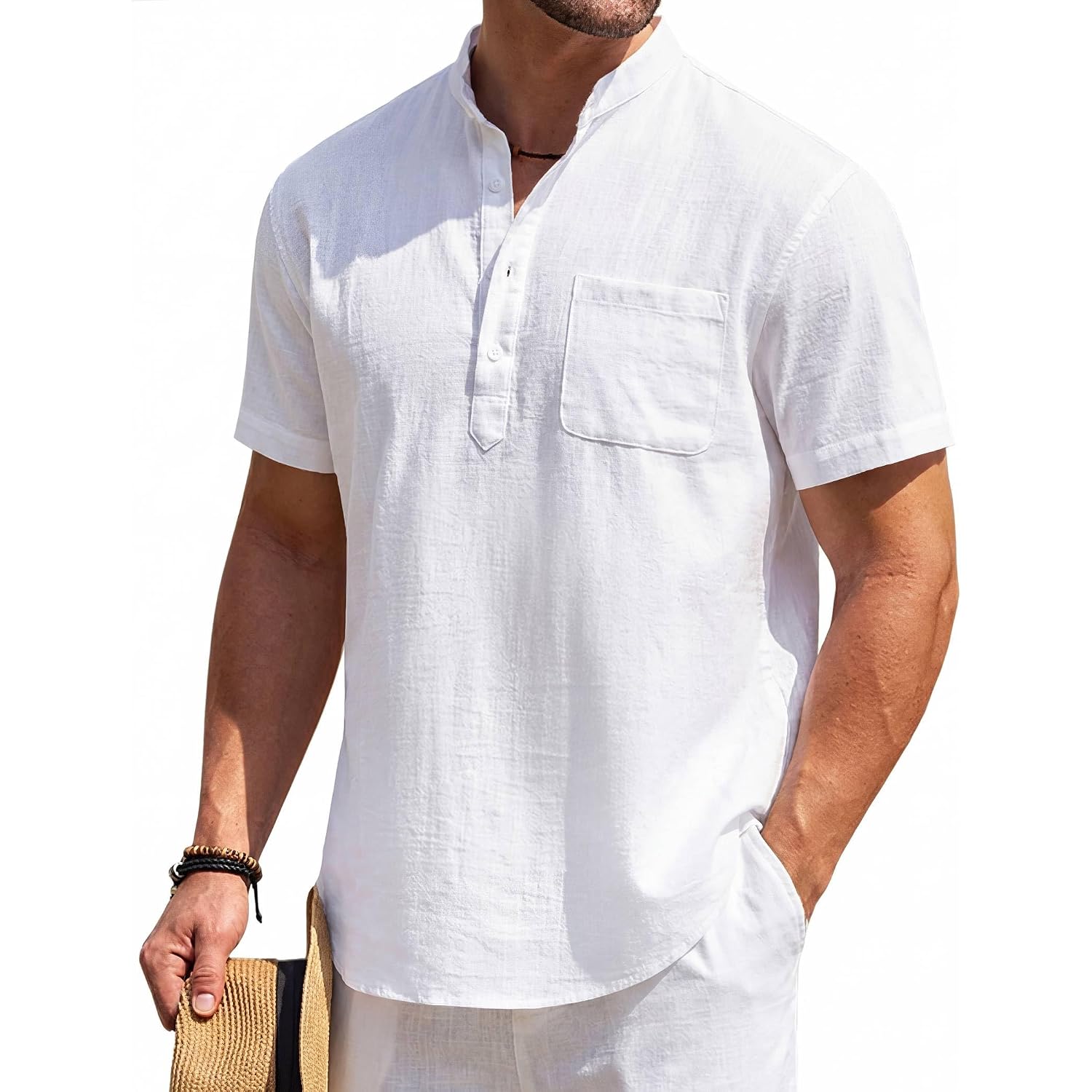 Coofandy Men'S Cotton Linen Henley Shirt Short Sleeve Hippie Casual Beach T-Shirts With Pocket