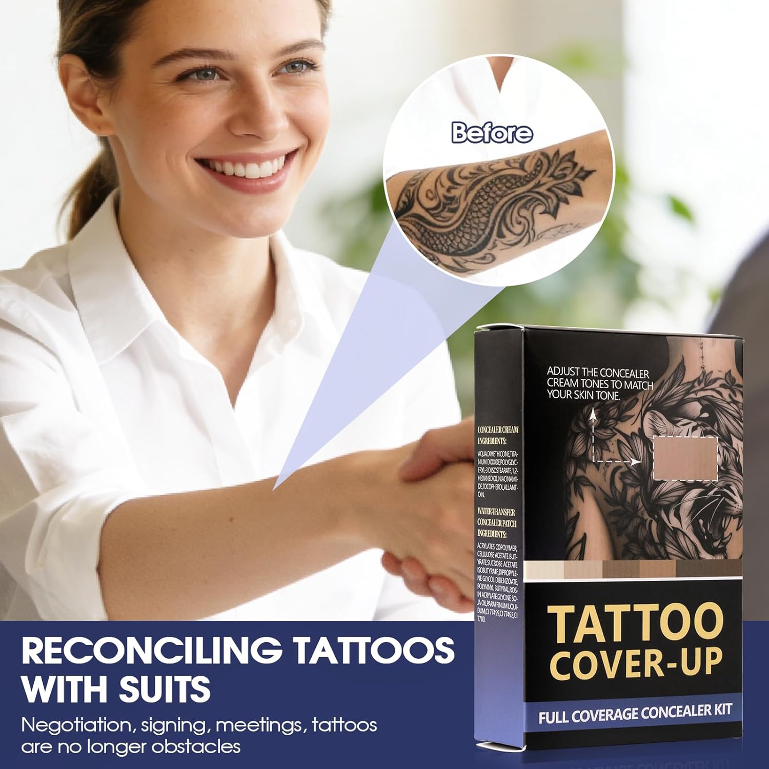Tattoo Cover Up Makeup Waterproof, Tattoo Cover Up Makeup Cream, Light & Dark Blendable Shades With Skin Tone Patch, Sponges & Mixing Tool Cover Tattoo, Scar, Birthmark Bruises For Body & Face