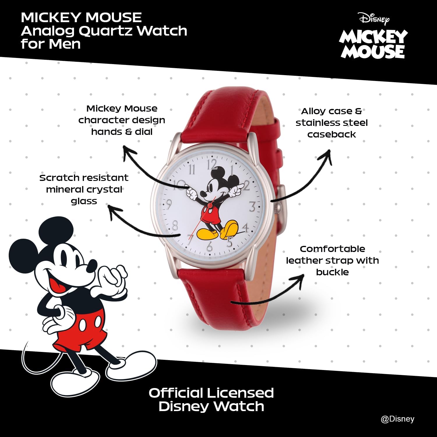 Disney Mickey Watch - Watch For Women - Mickey Mouse Watches For Women Toys - 90S Mouse - Vintage - Articulating Hands - Gold Case - Brown Leather Strap