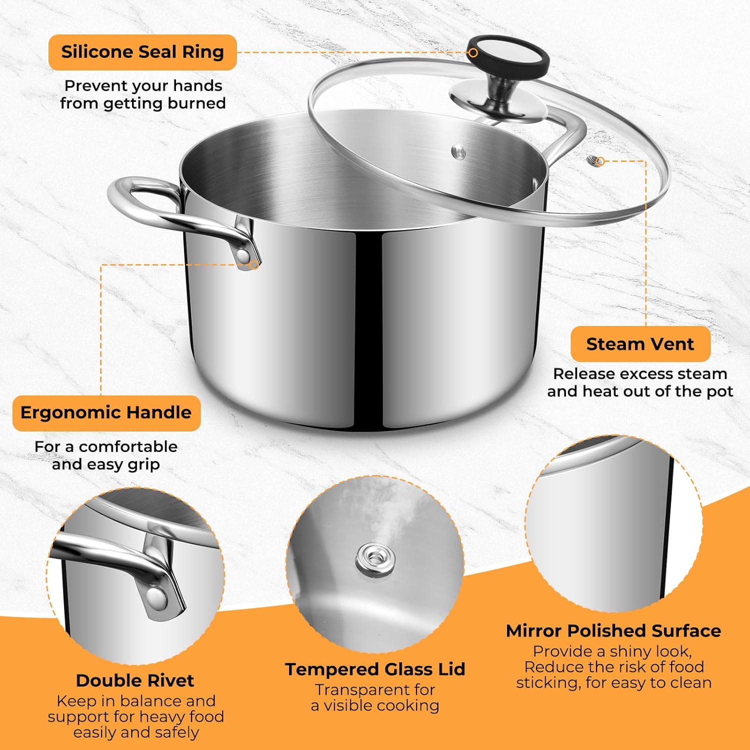 Tri-Ply Stainless Steel Stock Pot, 6.5 Quart Heavy Duty Induction Cooking Pot with Visible Lid for Pasta, Soup, Spaghetti, Sturdy & Double Handle, Dishwasher Safe