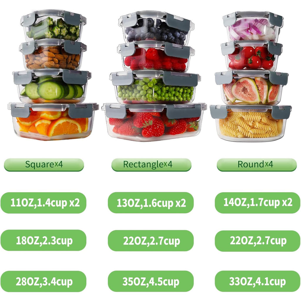 Homberking 24Pc Borosilicate Glass Food Storage Containers With Snap Locking Lids, Glass Meal Prep Containers, Airtight Lunch Boxes, Oven, Freezer And Dishwasher Safe, Bpa Free, Kitchen Storage Set