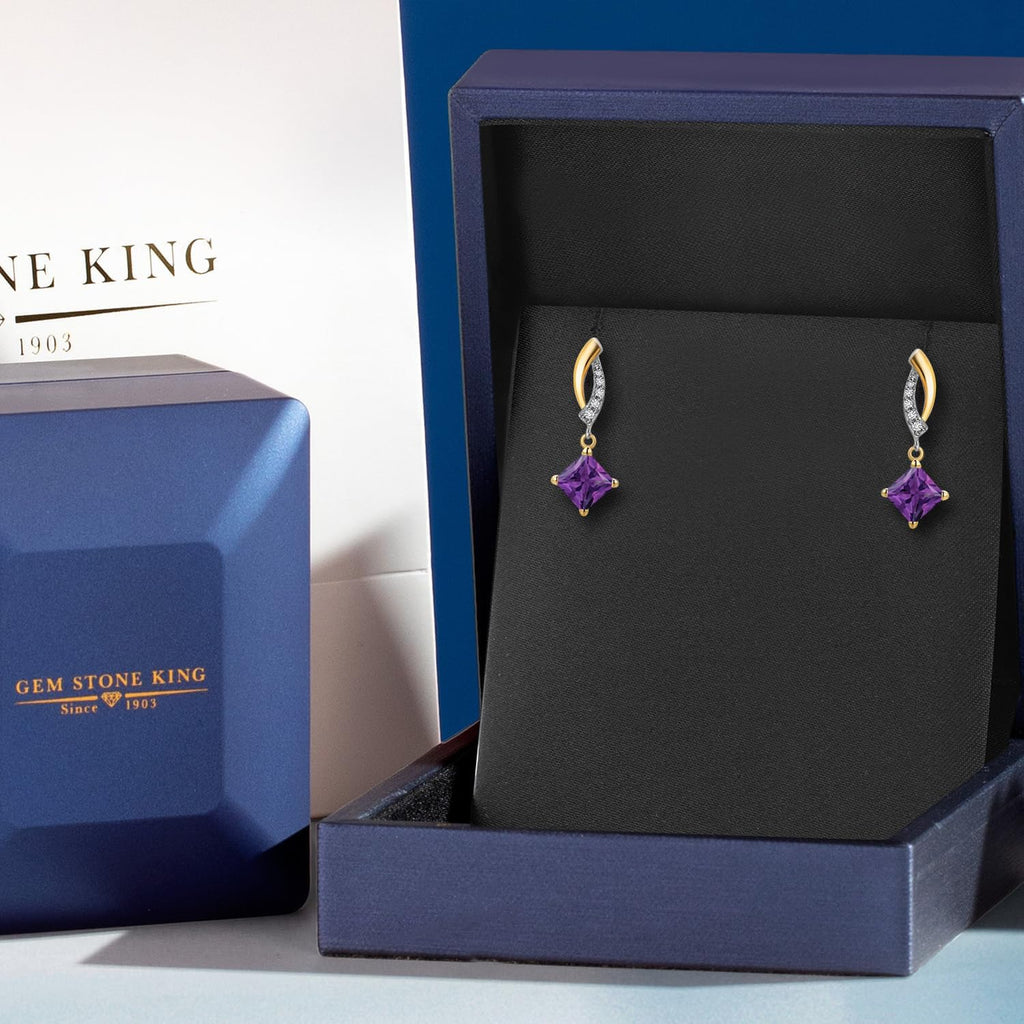 Gem Stone King 5MM Princess Cut Gemstone Birthstone and White Lab Grown Diamond Dangle Earrings for Women | 925 Silver and 10K Yellow Gold | Fine Jewelry Gifts for Women Mom Wife Her