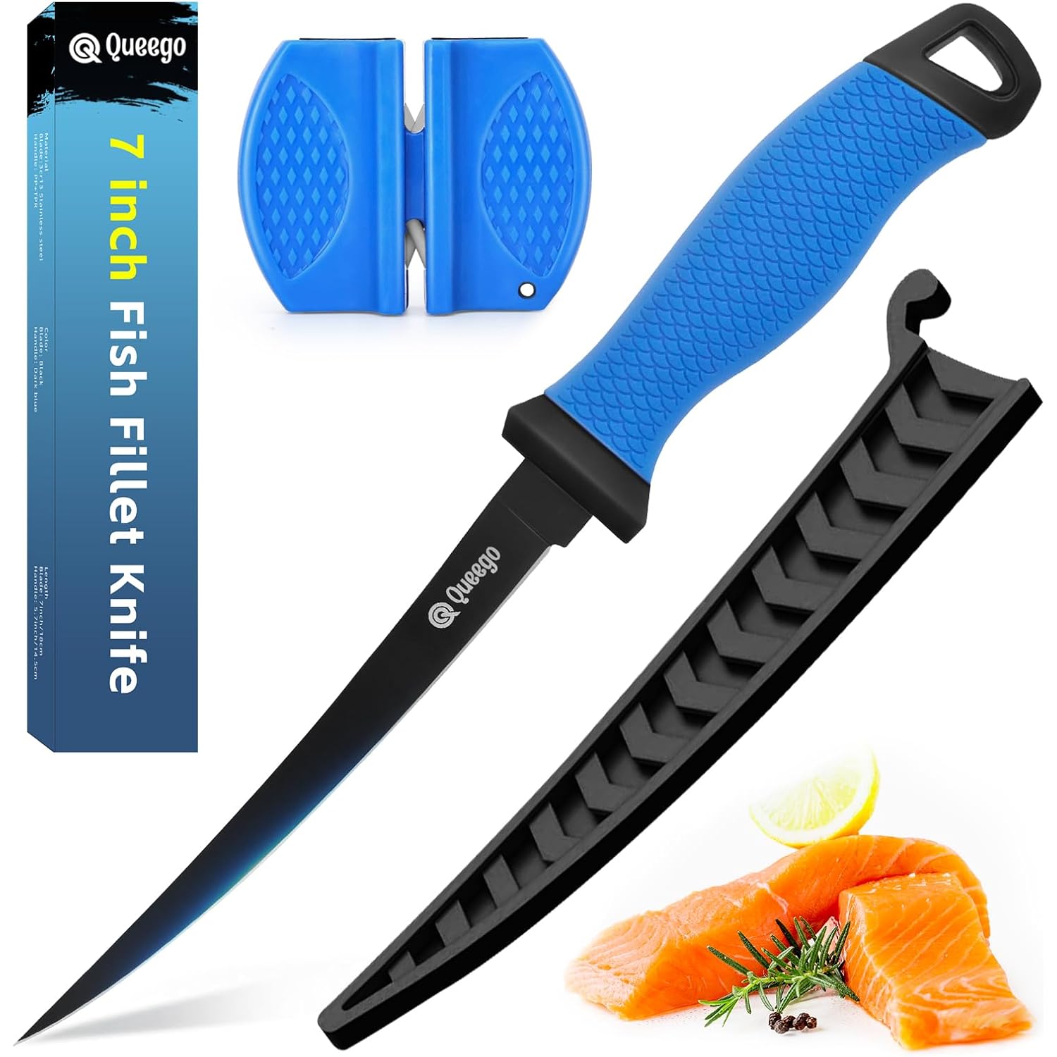 Fillet Knife, 7 Inches Professional Filet Knife For Fish, German G4116 Stainless Steel Blade Fishing Knifes With Two Stage Knife Sharpener,Non-Slip Handles, Protective Nylon Sheath