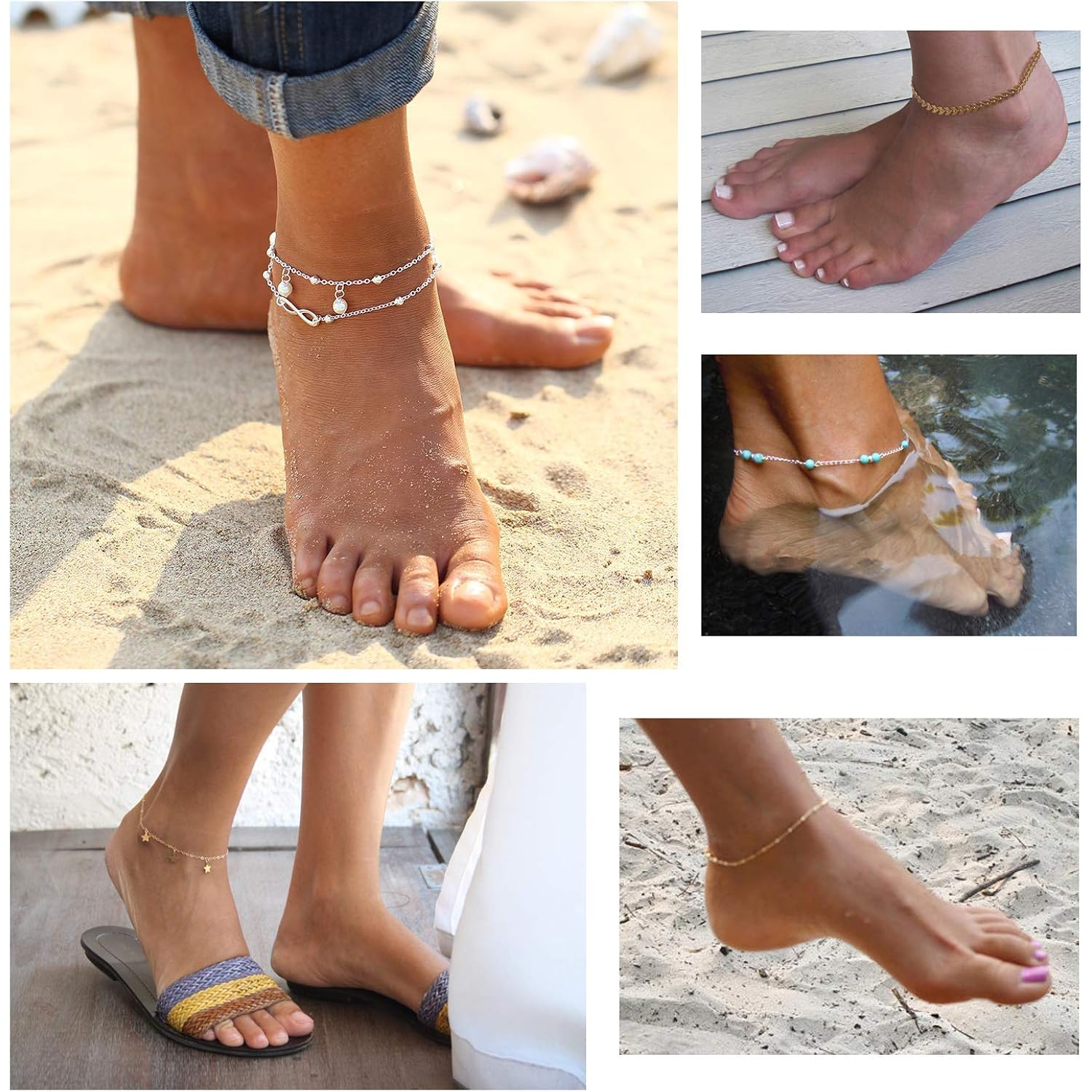 Softones 16Pcs Ankle Bracelets for Women Gold Silver Two Style Chain Beach Anklet Bracelet Jewelry Anklet Set,Adjustable Size