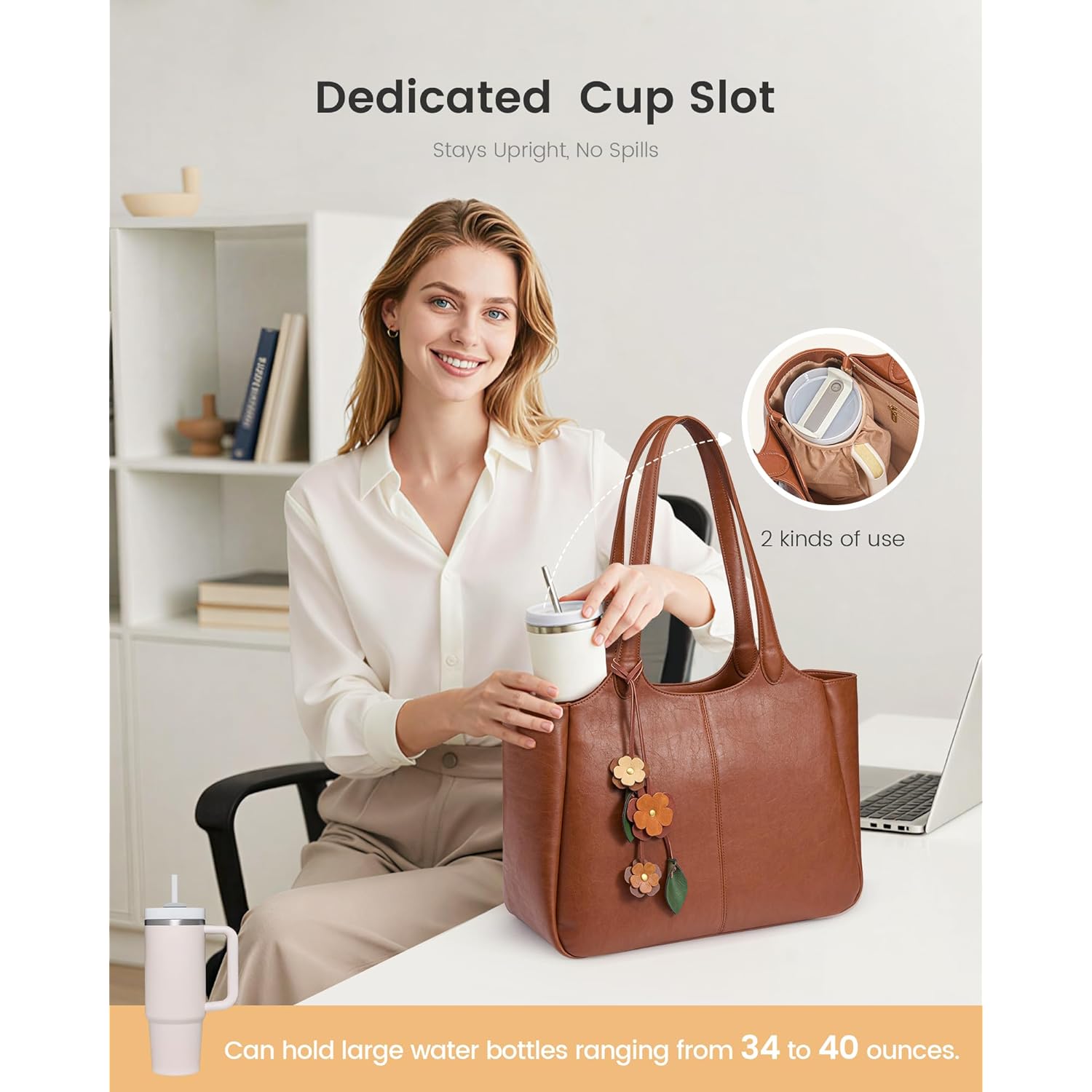 LOVEVOOK Tote Bag for Women, Leather Vintage Work Bag with 40oz Cup Holder,Nurse Teacher Shoulder Bag,Roomy,6 Pockets
