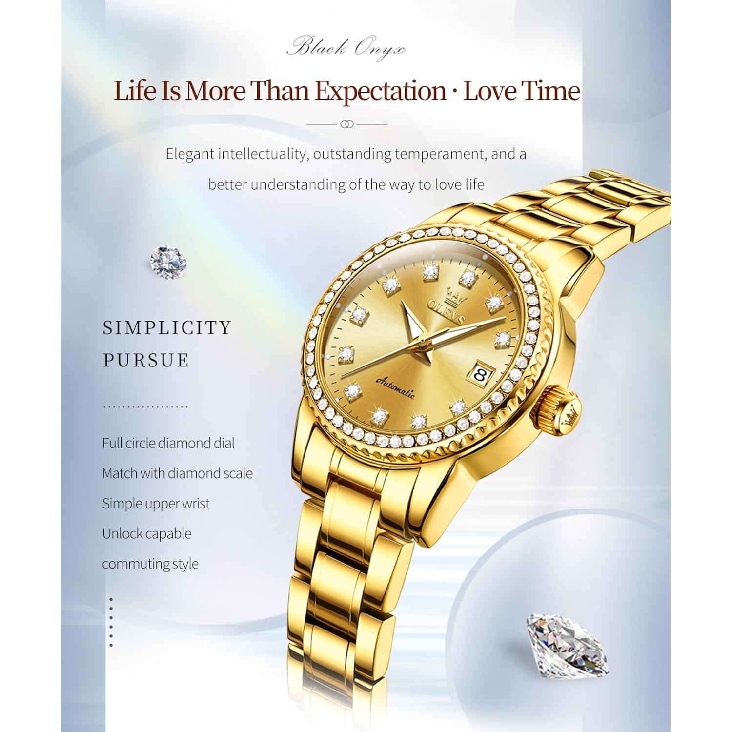 Olevs Womens Diamond Watches Automatic Mechanical Gold Luxury Dress Ladies Self Winding Original Stainless Steel Wrist Watch