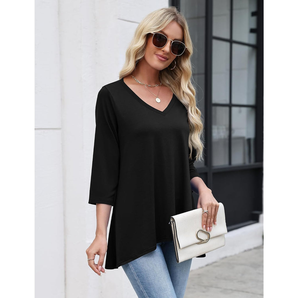3/4 Length Sleeve Womens Tops V Neck Loose Fit Dressy Casual Blouse Flowy Shirts Plus Size Womens Clothing S-3Xl