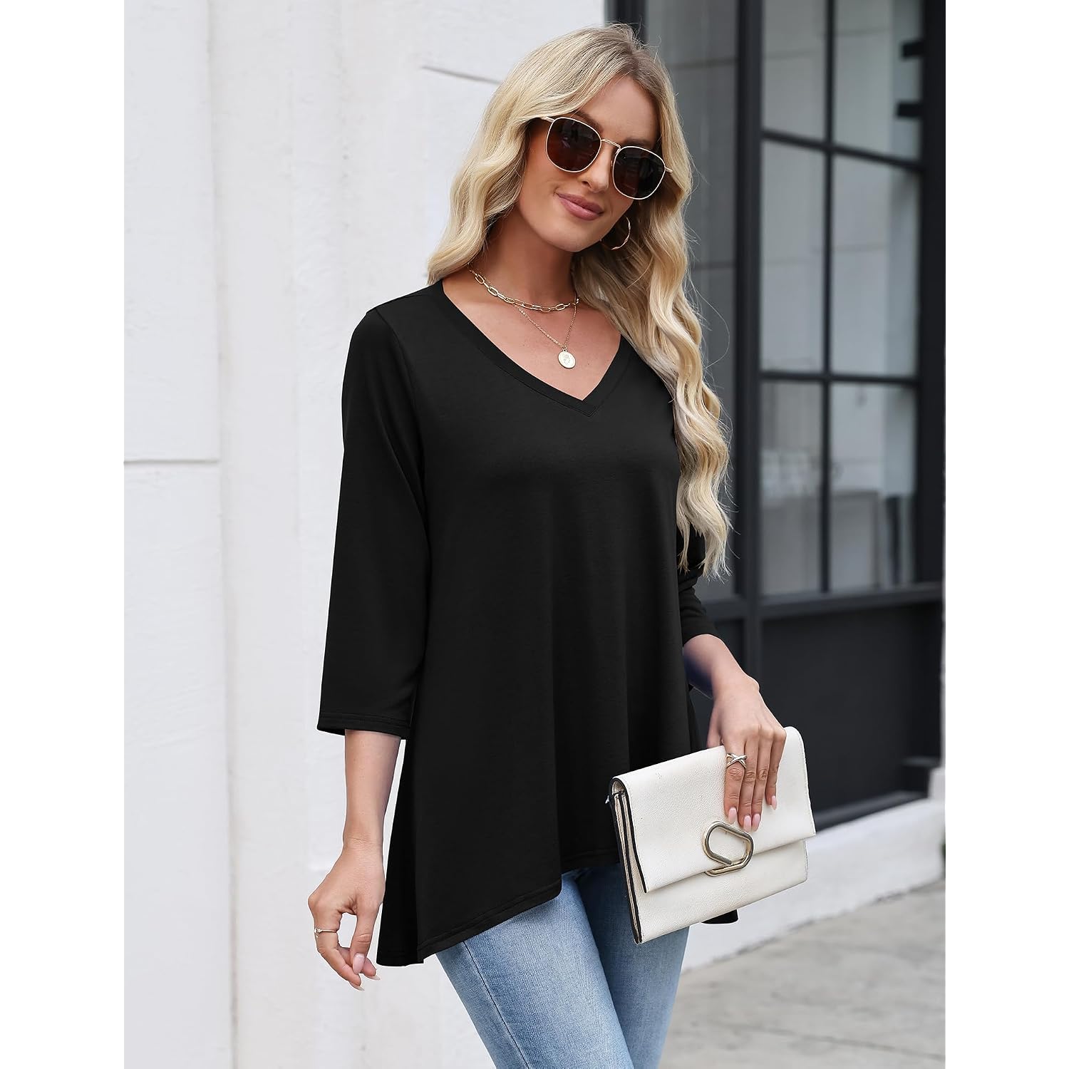3/4 Length Sleeve Womens Tops V Neck Loose Fit Dressy Casual Blouse Flowy Shirts Plus Size Womens Clothing S-3Xl