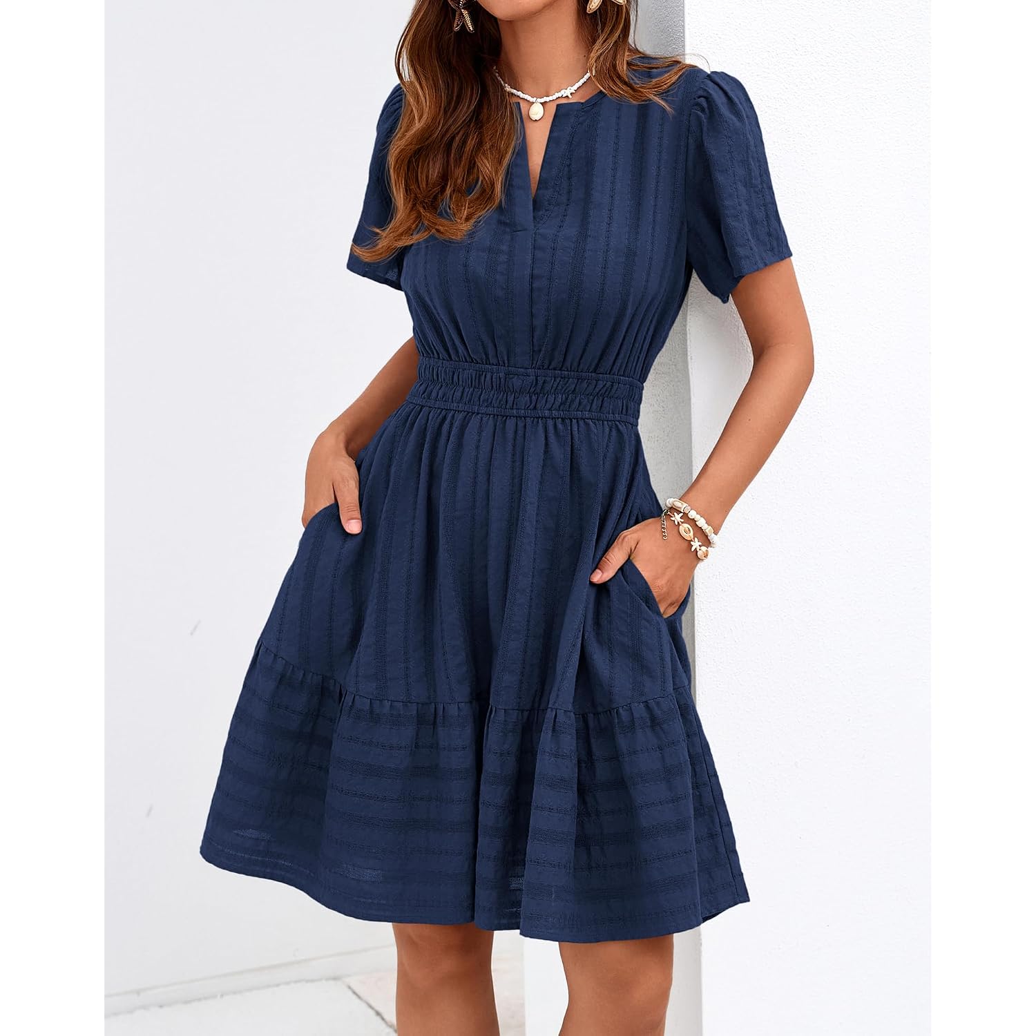 Btfbm Womens Summer 2026 Casual Mini Dresses Lightweight Short Sleeve V Neck Elastic Waist Cute Boho Beach Dress Pockets