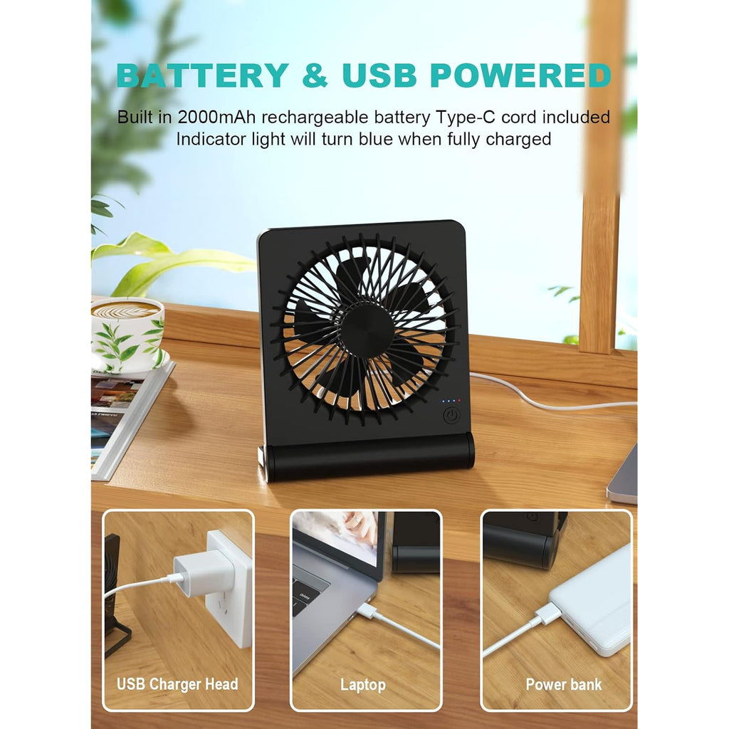 Desk Fan, Rechargeable Battery Operated, 3 Speeds Ultra Quiet Strong Wind | Usb-C Powered,180° Tilt Folding.25Db Quiet.2000Mah Battery:12/8.5/4.5Hrs.Portable,Personal Fan For Desk,Office,Home,Bedroom.