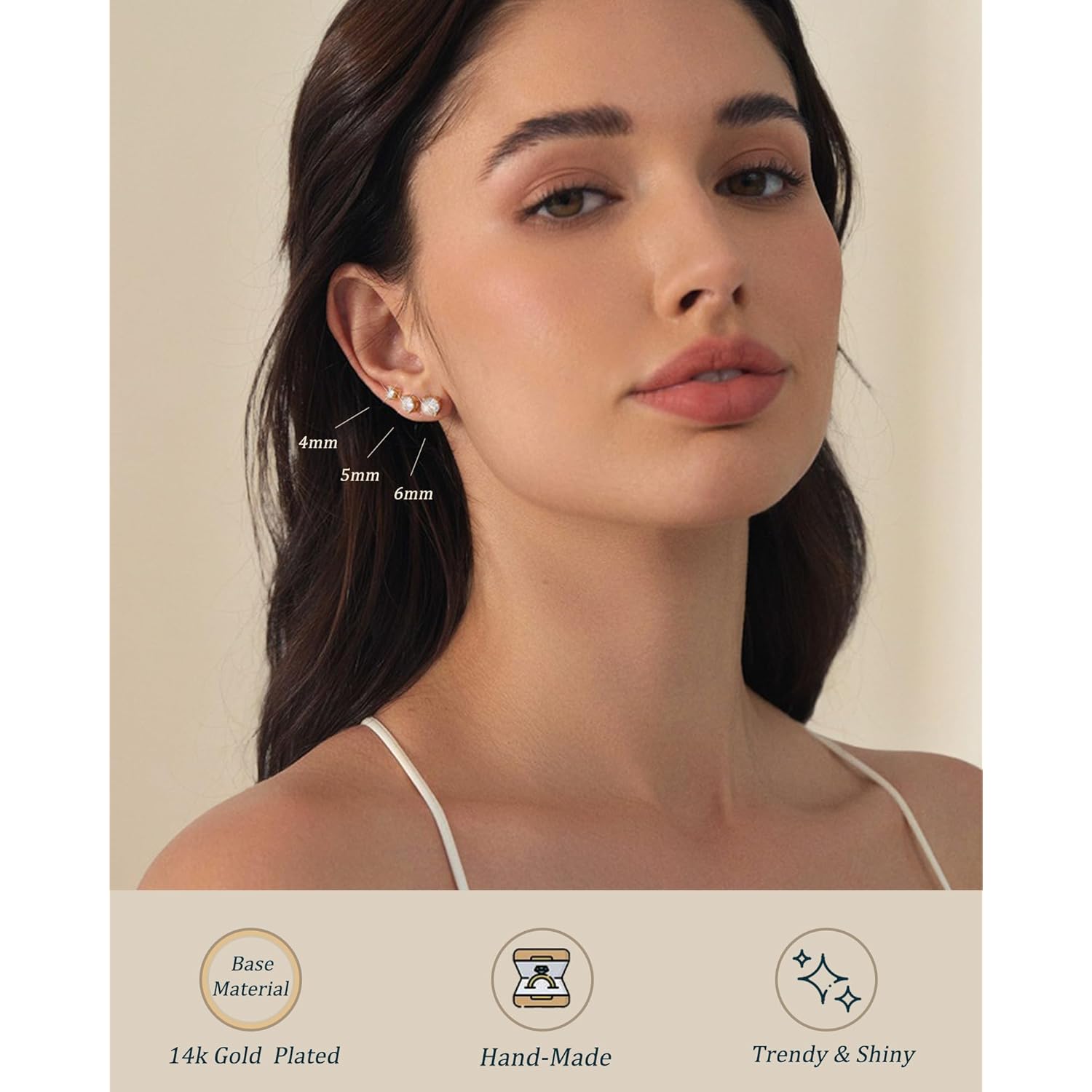 5 Pairs 14K Gold Plated Stud Earrings for Women, Hypoallergenic Earring Sets for Multiple Piercing, Premium Cubic Zirconia Studs Earrings for Women