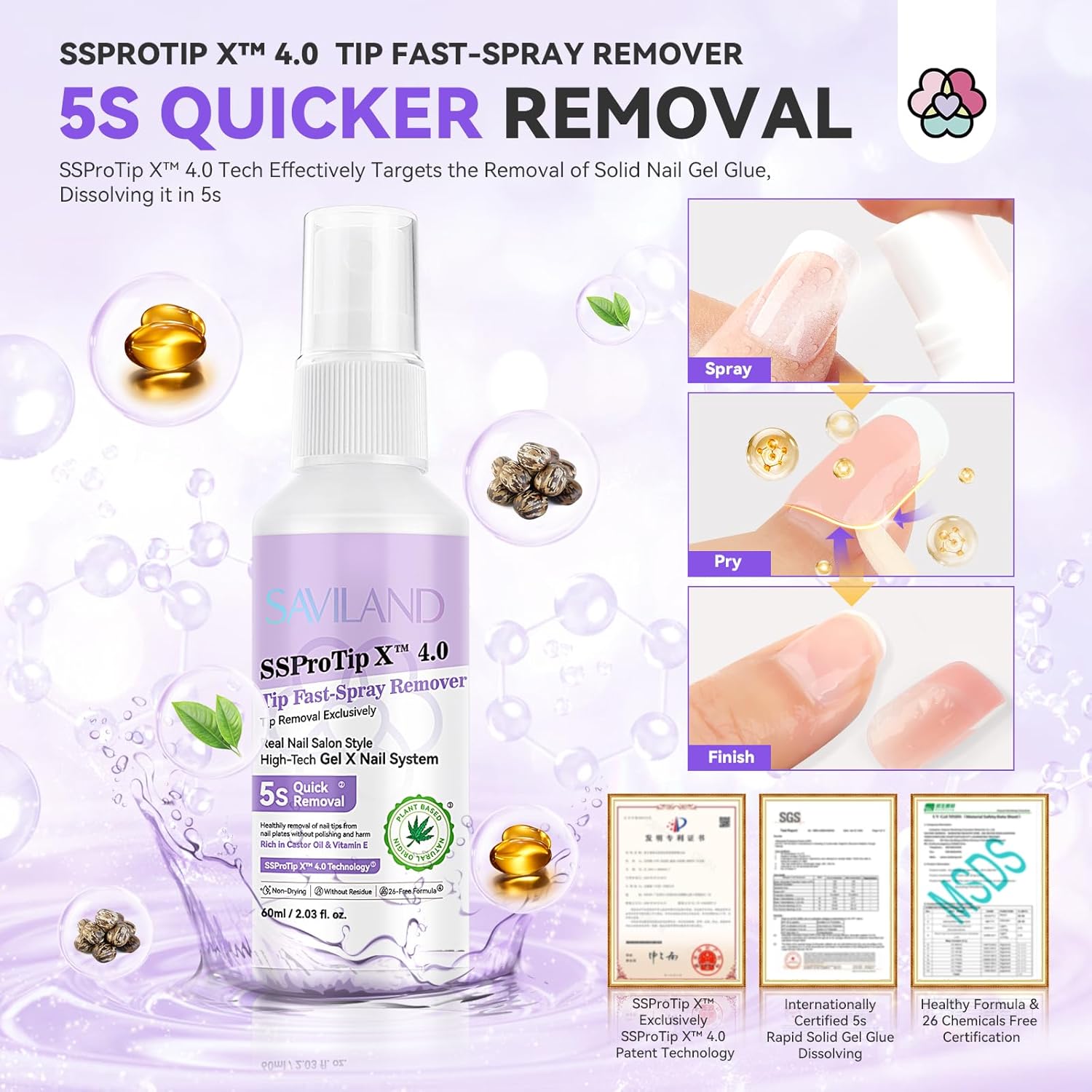 SAVILAND Nail Glue Remover Spray: 60ml Quick Removal for Solid Nail Glues Gel | Gel Nail Glue Removal | Odorless No Acetone Castor Oil VE 5s Fast Remover Easy Home Use