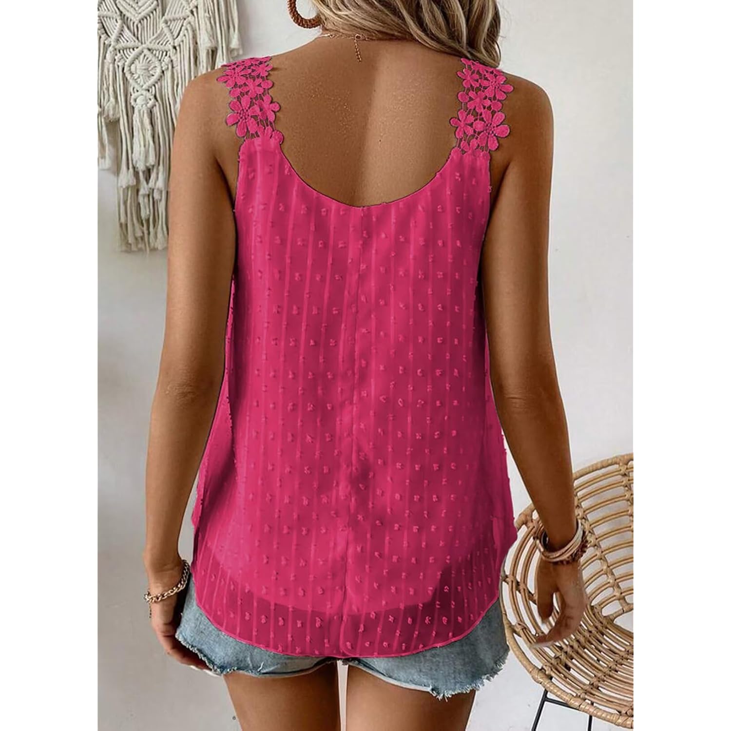 Womens Tank Tops Flowy Sleeveless Summer Boho Tank Top for Women Casual Crewneck Strap Lace Camisole Shirts