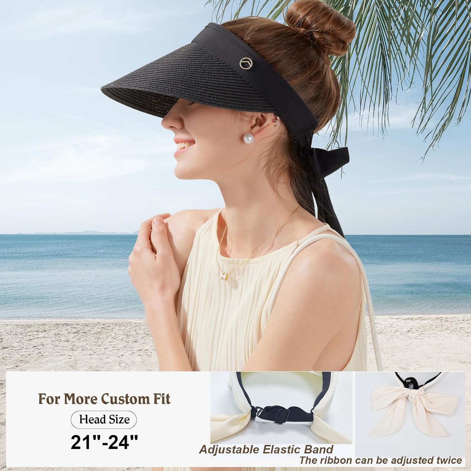 Women's Sun Visor Hats Wide Brim Straw Beach Hat Ponytail Hats for Women Foldable Floppy