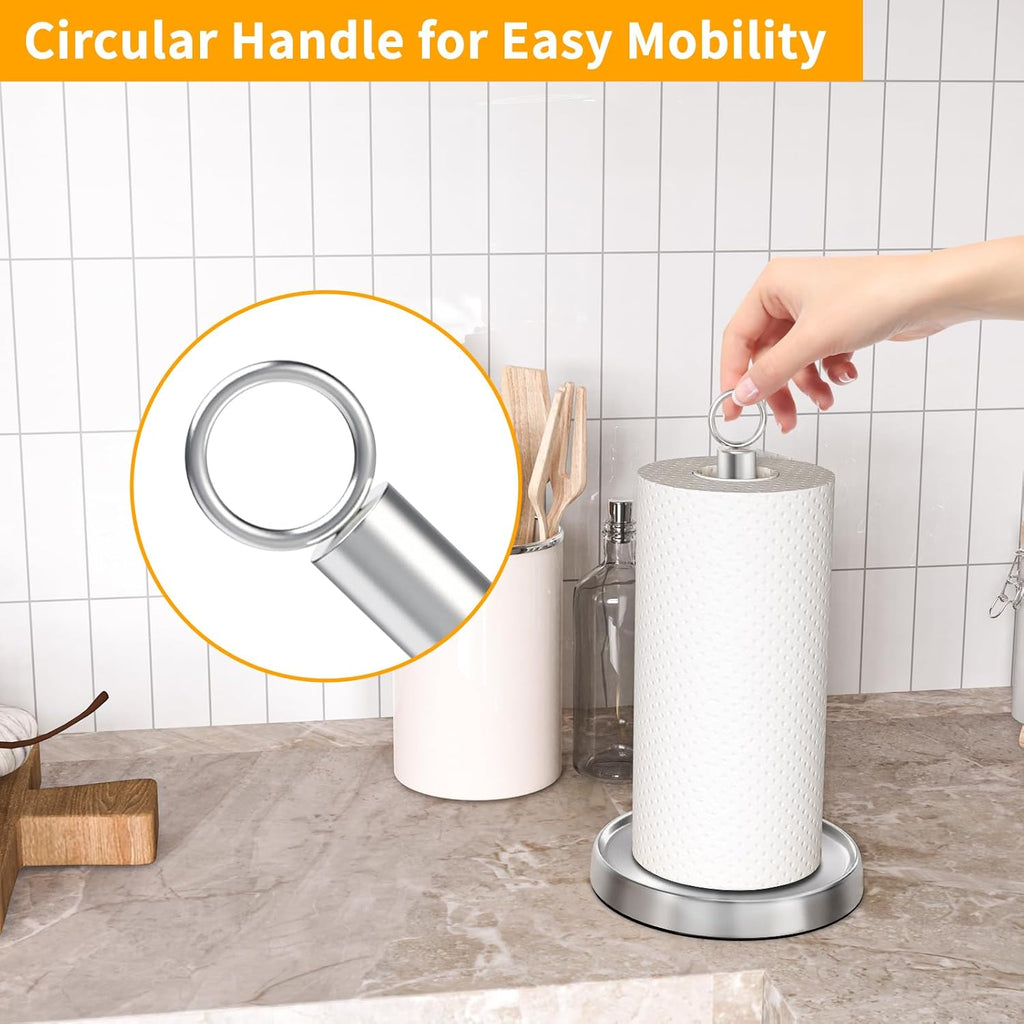 Paper Towel Holder Countertop, Stainless Steel, Weighted Base, Paper Towel Stand Holder for Kitchen Bathroom Farmhouse Essentials Decor Accessories, Silver