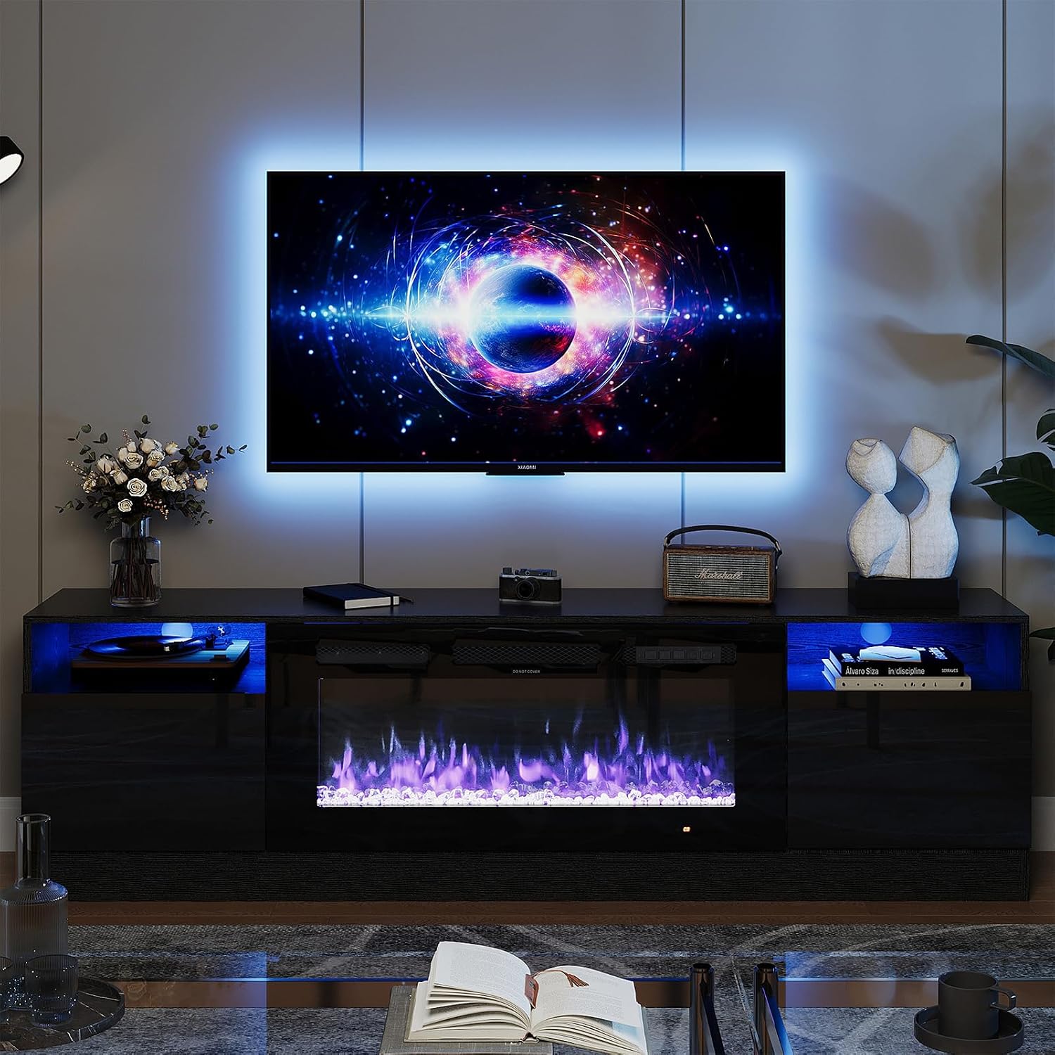 Oneinmil Fireplace Tv Stand With 36" Electric Fireplace, Led Light Entertainment Center, Modern Wood Texture Entertainment Stand With Highlight Storage Cabinet For Tvs Up To 80", 70 Inches, Black