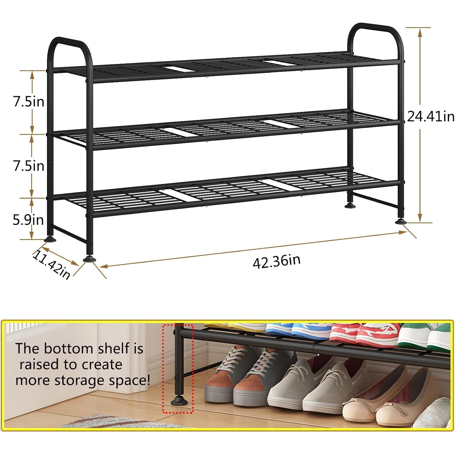 Linzinar Shoe Rack Long 3 Tier Metal Shoe Organizer Metal Wide Shoe Shelf For Closet Entryway Bedroom Large Capacity Black