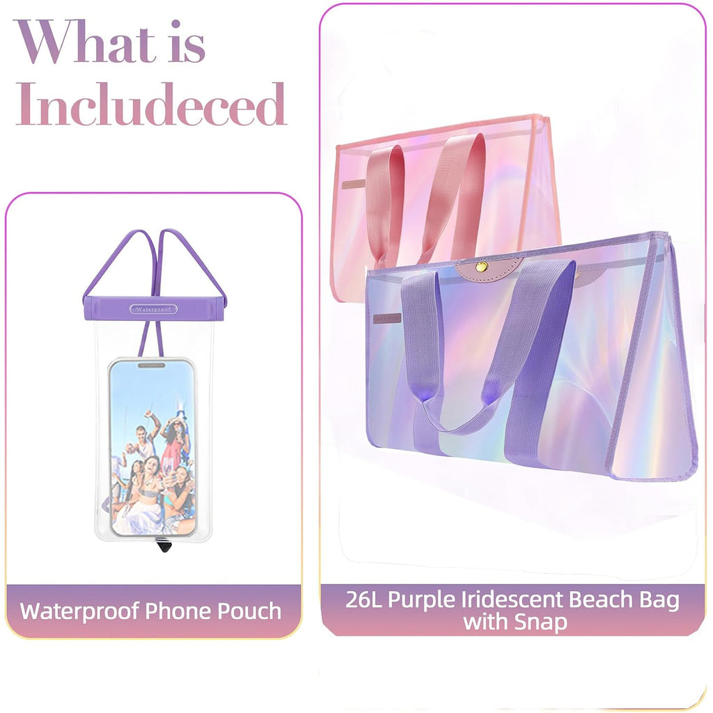 Golffox 2-Piece 26L Iridescent Beach Bag Set - Purple Iridescent Tote Bag With Snap & Pink Tote Bag With Zipper & Waterproof Touchscreen Phone Pouch, Perfect Beach Essentials For Family