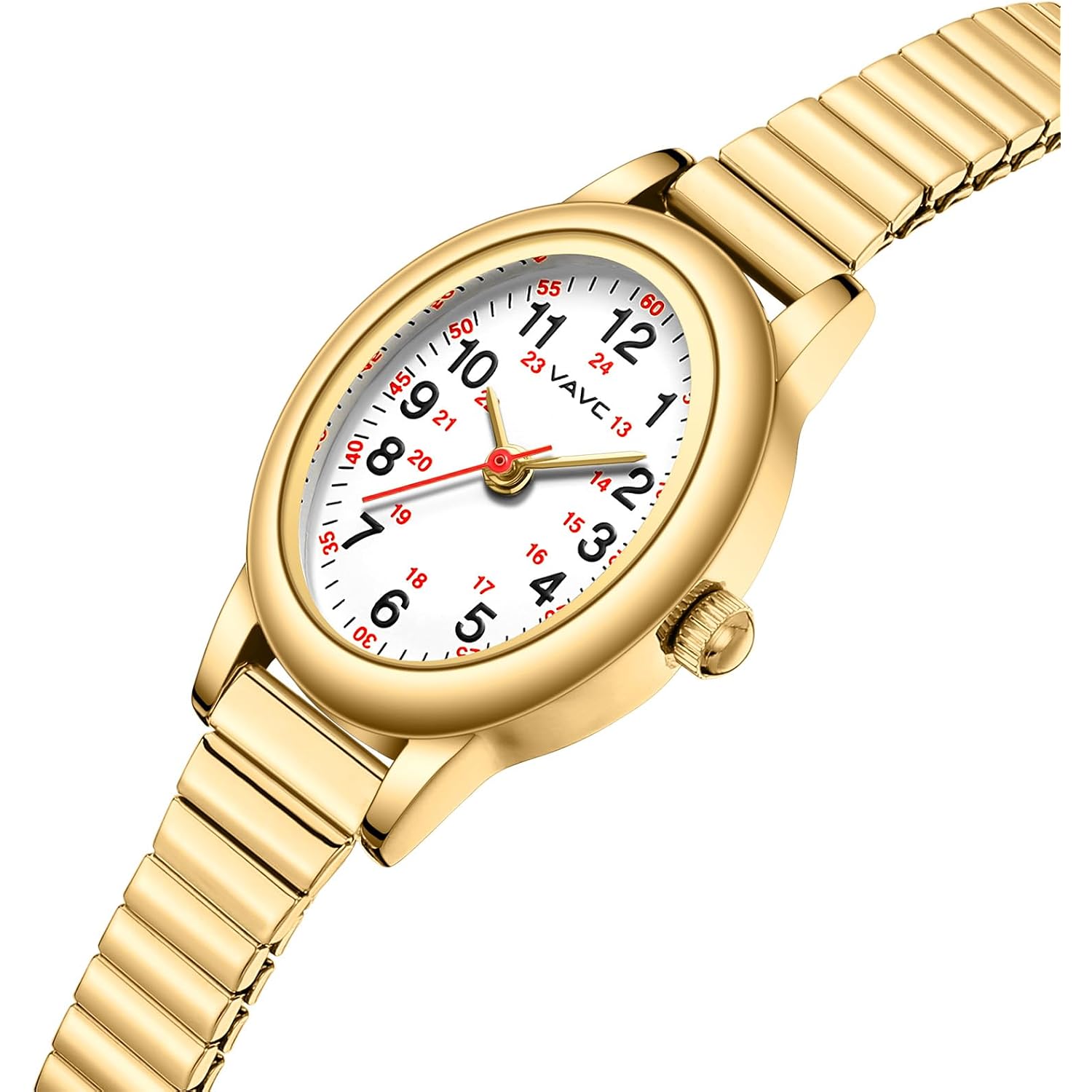 Gold Watch Waterproof Nurse Watch For Medical Professionals,Students,Women-Military Time Easy Read Dial,24 Hour With Second Hand,Stainless Steel Expansion Band