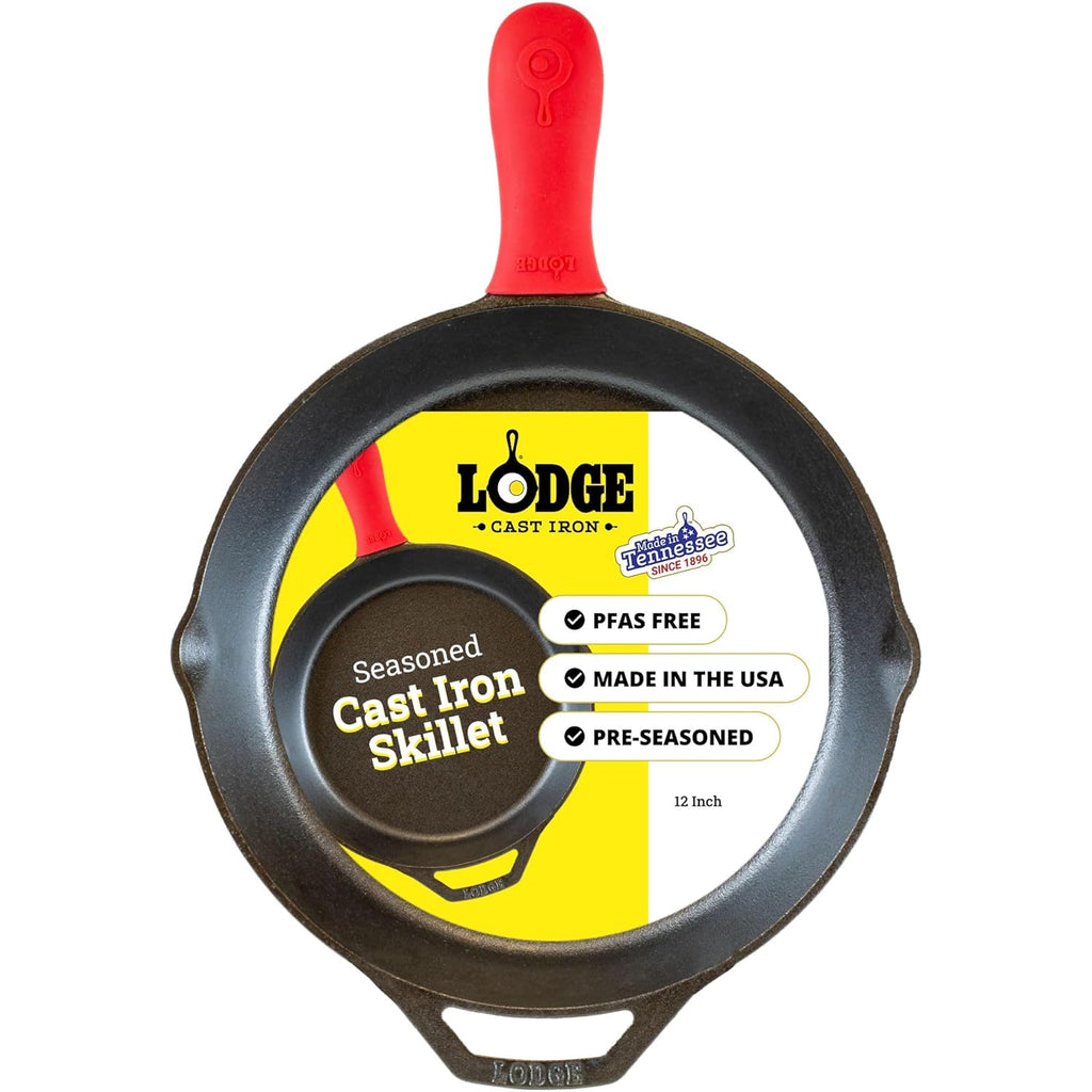 Lodge Seasoned Cast Iron Skillet 12 Inches - Quality Frying Pan for the Stove, Oven, Grill & Campfire - Includes Silicone Hot Handle Holder - Non-Toxic, Nonstick & Long-Lasting