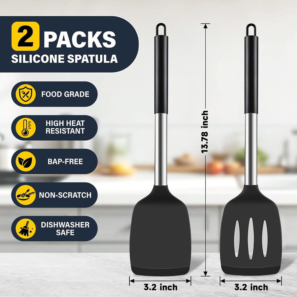 2 Pack Silicone Spatula Set, Solid & Slotted Turner For Non-Stick Pans, High Heat Resistant Silicone Spatula For Cooking, Bpa-Free Stainless Steel Cooking Utensils For Fish, Eggs, Pancakes, Black