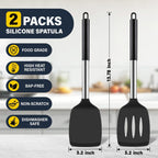 2 Pack Silicone Spatula Set, Solid & Slotted Turner For Non-Stick Pans, High Heat Resistant Silicone Spatula For Cooking, Bpa-Free Stainless Steel Cooking Utensils For Fish, Eggs, Pancakes, Black