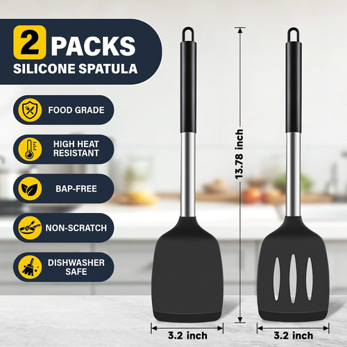 2 Pack Silicone Spatula Set, Solid & Slotted Turner For Non-Stick Pans, High Heat Resistant Silicone Spatula For Cooking, Bpa-Free Stainless Steel Cooking Utensils For Fish, Eggs, Pancakes, Black