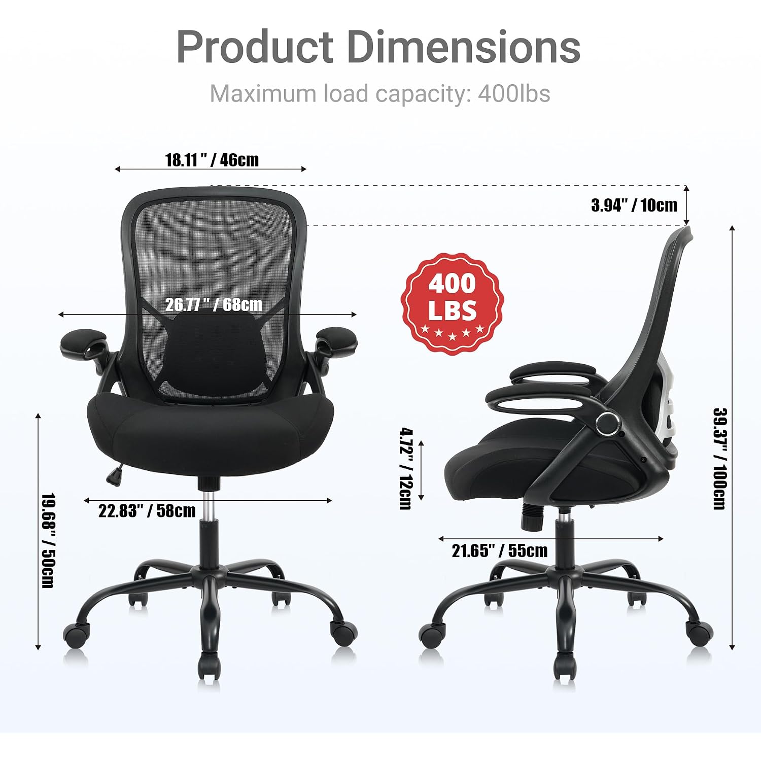 Big And Tall 400Lbs Heavy Duty Office Chair, 5" Thickened Seat Ergonomic Desk Chair With Adjustable Armrests, Home Office Computer Chairs For Long Hours Mesh Executive Chair(Black)