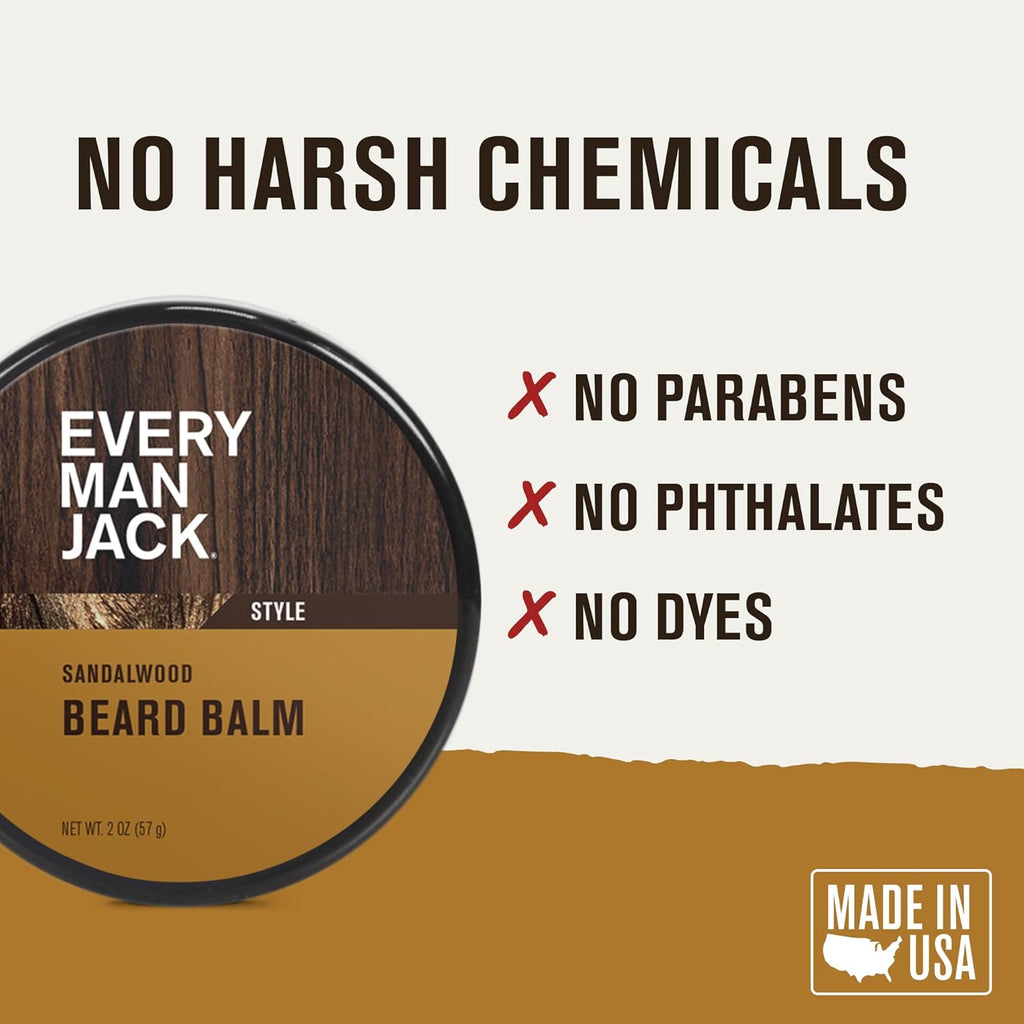 Every Man Jack Beard Styling Balm - Light Sandalwood Scent - Moisturize, Strengthen, and Style Your Beard - Medium Hold - Made w/Naturally Derived Ingredients like Candelilla Wax and Shea Butter - 2oz