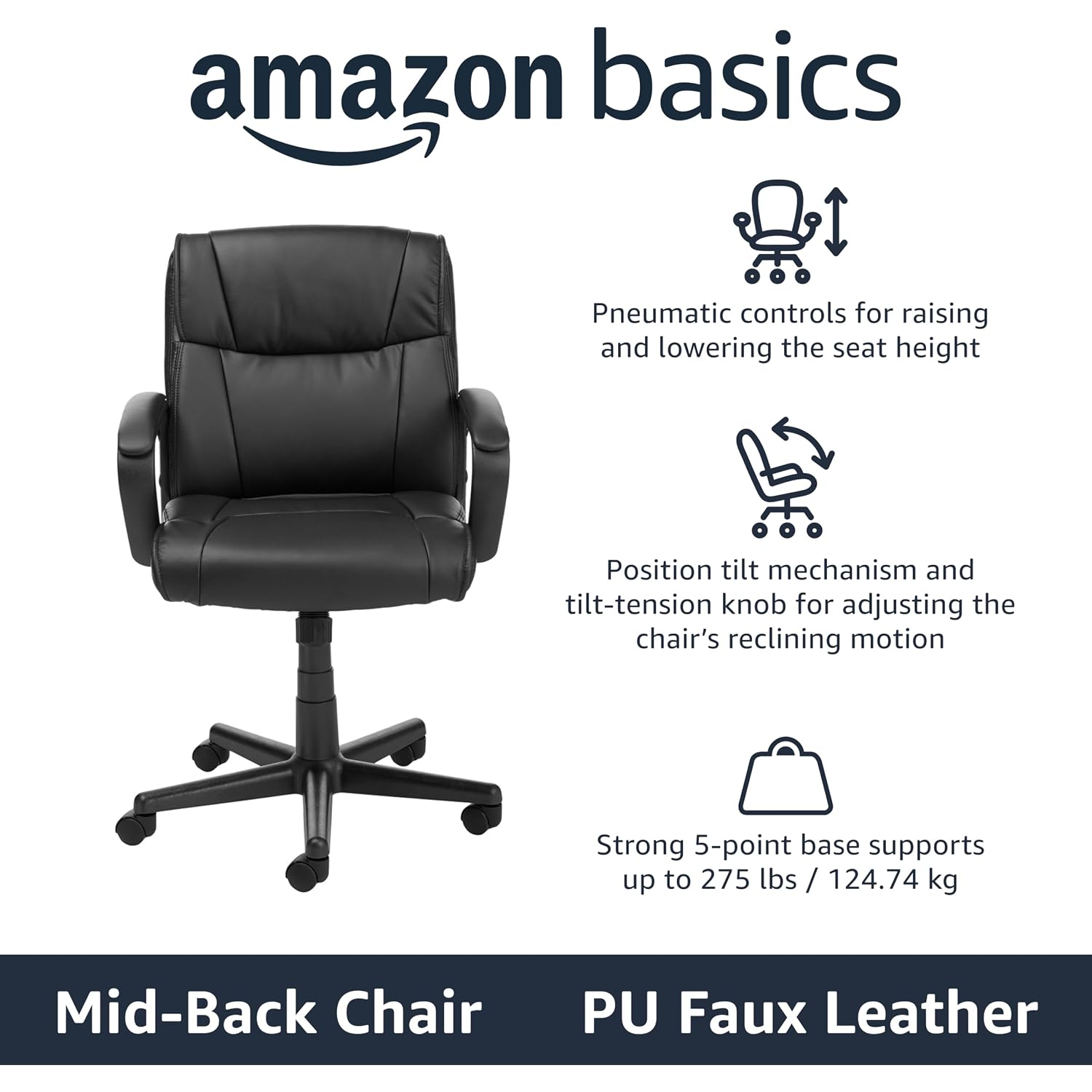 Amazon Basics Office Task Chair With Adjustable Height, 360° Swivel, Padded Armrests, Mid-Back, Rolling, 275 Pound Capacity, 24.2"D X 24"W X 34.8"H, Black Faux Leather