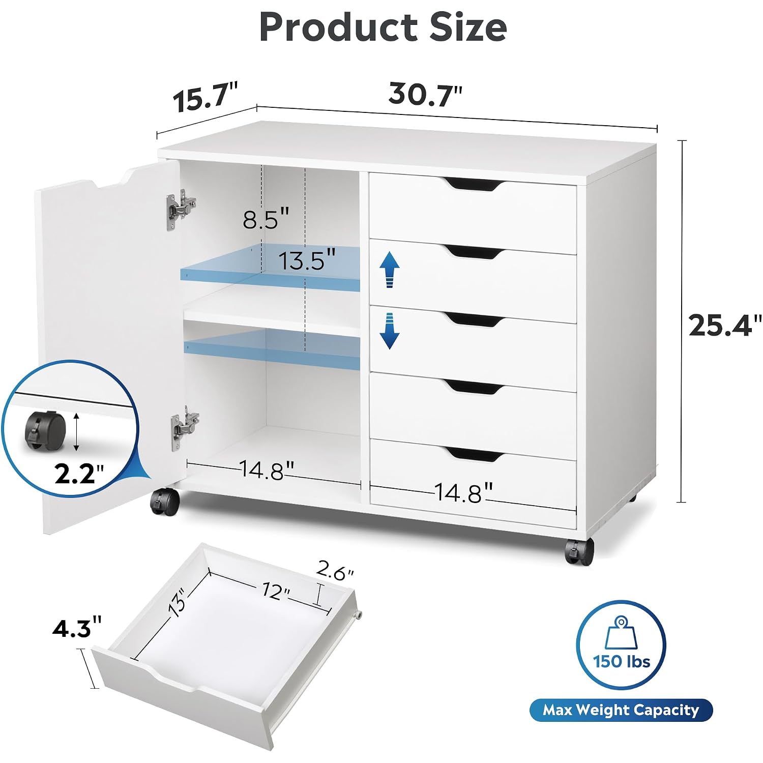 Devaise 5-Drawer Wood Drawer Cabinet, Office Storage Cabinet With Adjustable Shelf & Wheels, Printer Stand For Home Office, White