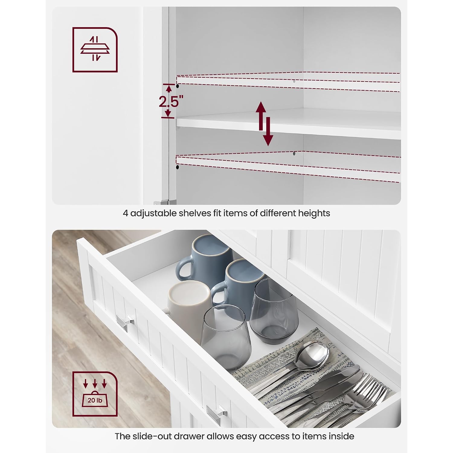 Vasagle Pantry Cabinet, Tall Storage Cabinet With Drawer, 71.7-Inch | Freestanding Cupboard With 2 Cabinets, 4 Adjustable Shelves, 6 Door Shelves, White, Ubbc561P31V2