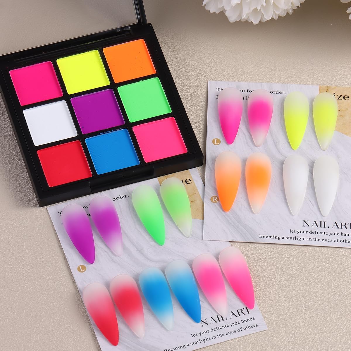 Fcozpjk Neon Nail Pigment Powder Palette, 9 Colors Solid Neon Nail Powder Phosphor Fluorescent Nail Glitter Aura Nail Summer Decoration Ombre Gradient Design Rub Dust Manicure Pigmentos para Uñas