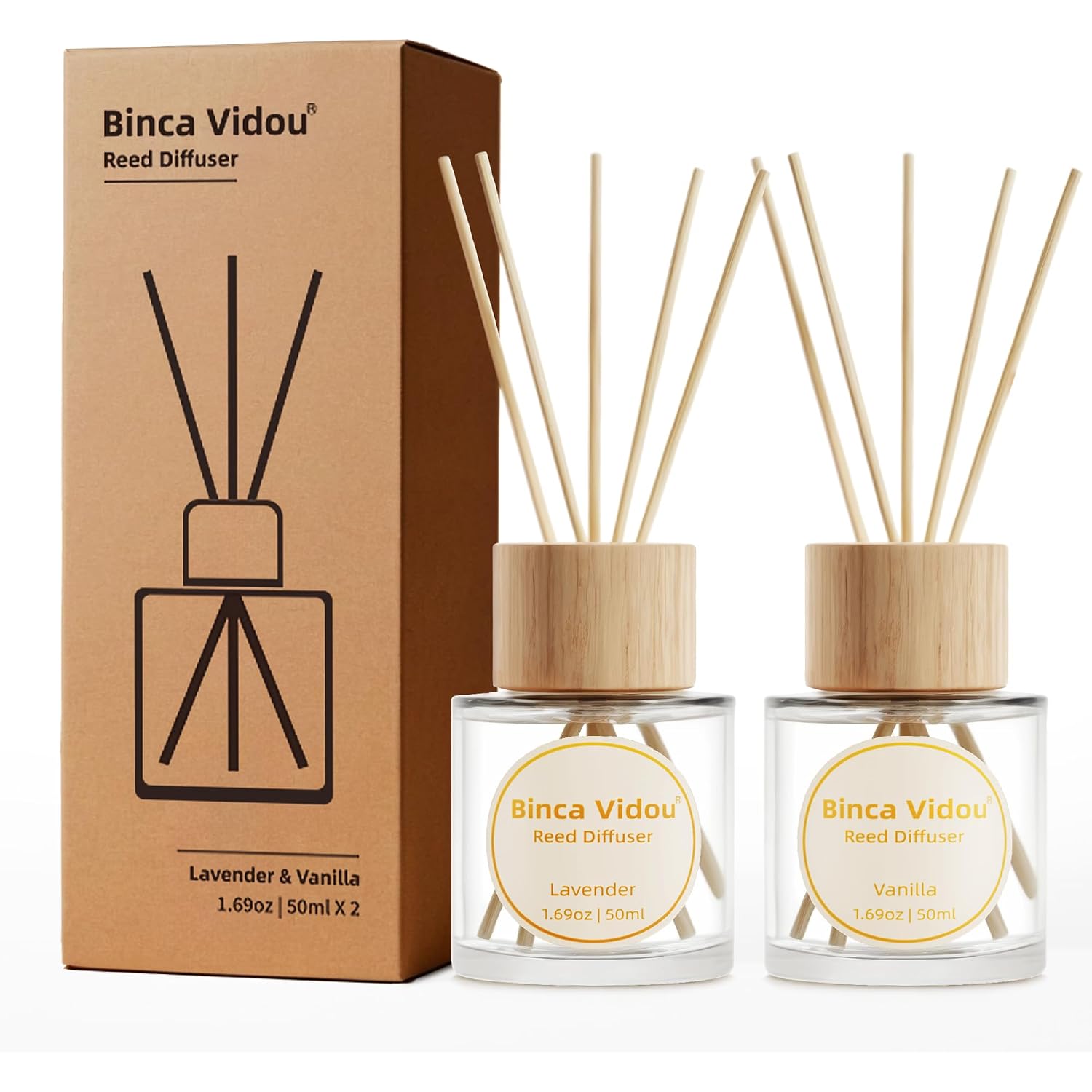 Reed Diffuser Set, Binca Vidou Lavender & Vanilla Natural Scent Oil Diffusers With Sticks For Home Office Bathroom Aromatherapy Decor 1.69Oz X 2