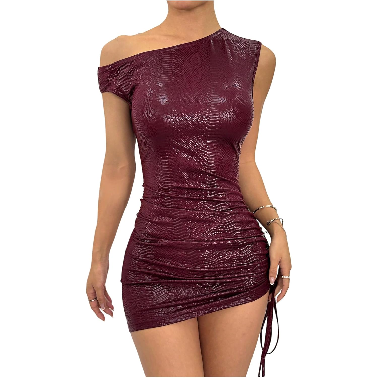 Women's Off Shoulder Pu Leather Mini Dress Sexy Drawstring Ruched Party Club Short Dresses